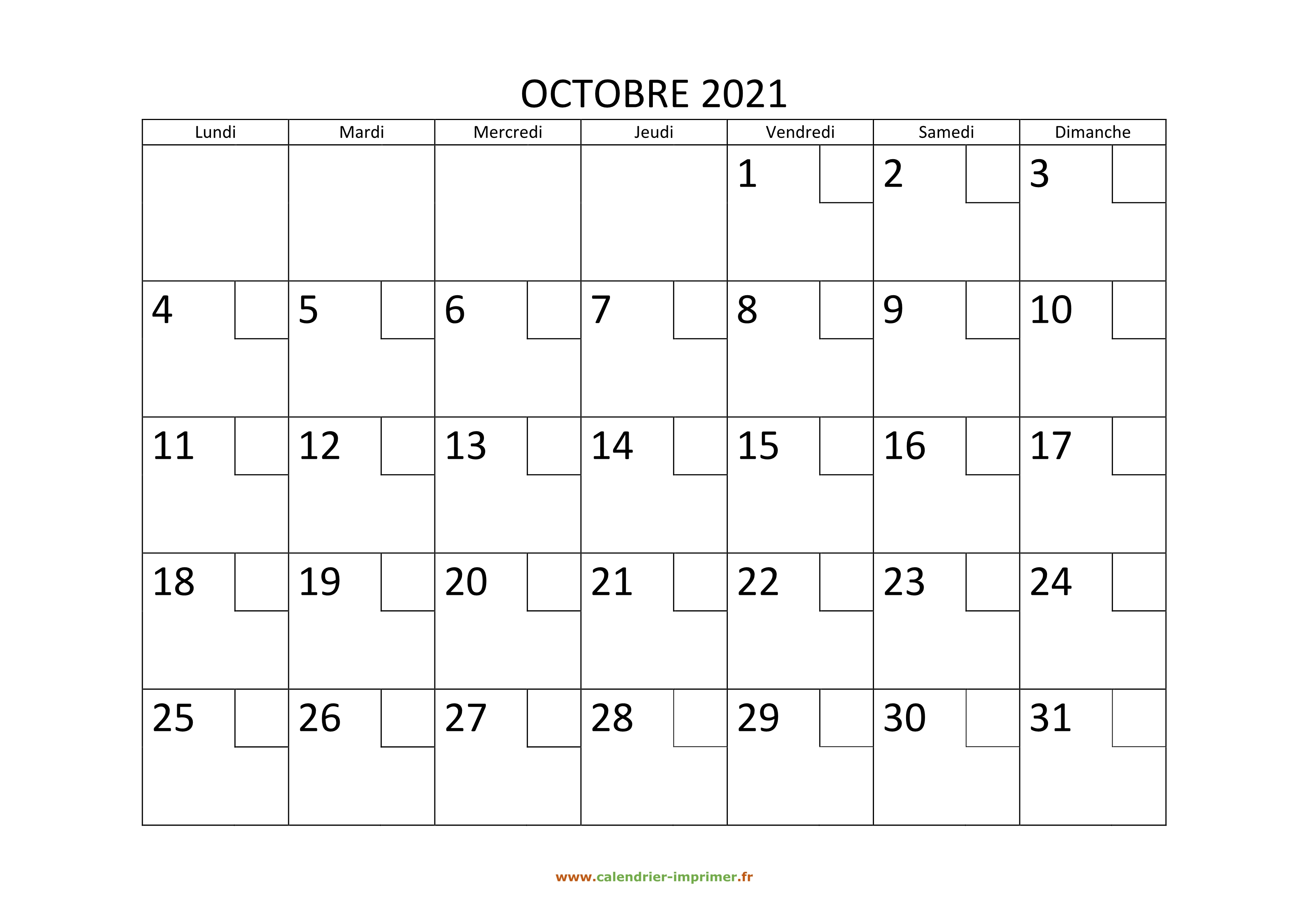 Calendrier Octobre 2021 à imprimer