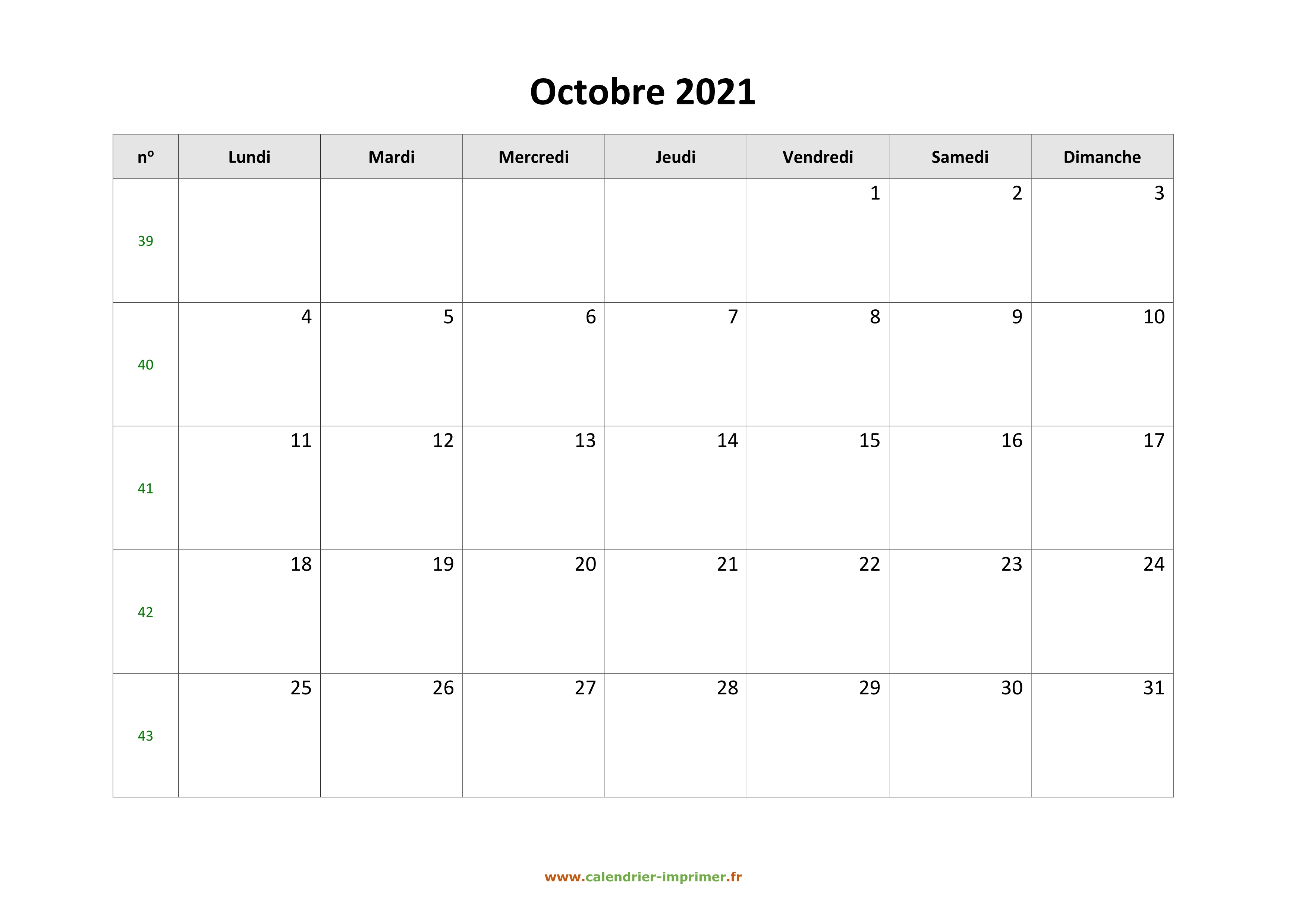 calendrier d octobre 2021
