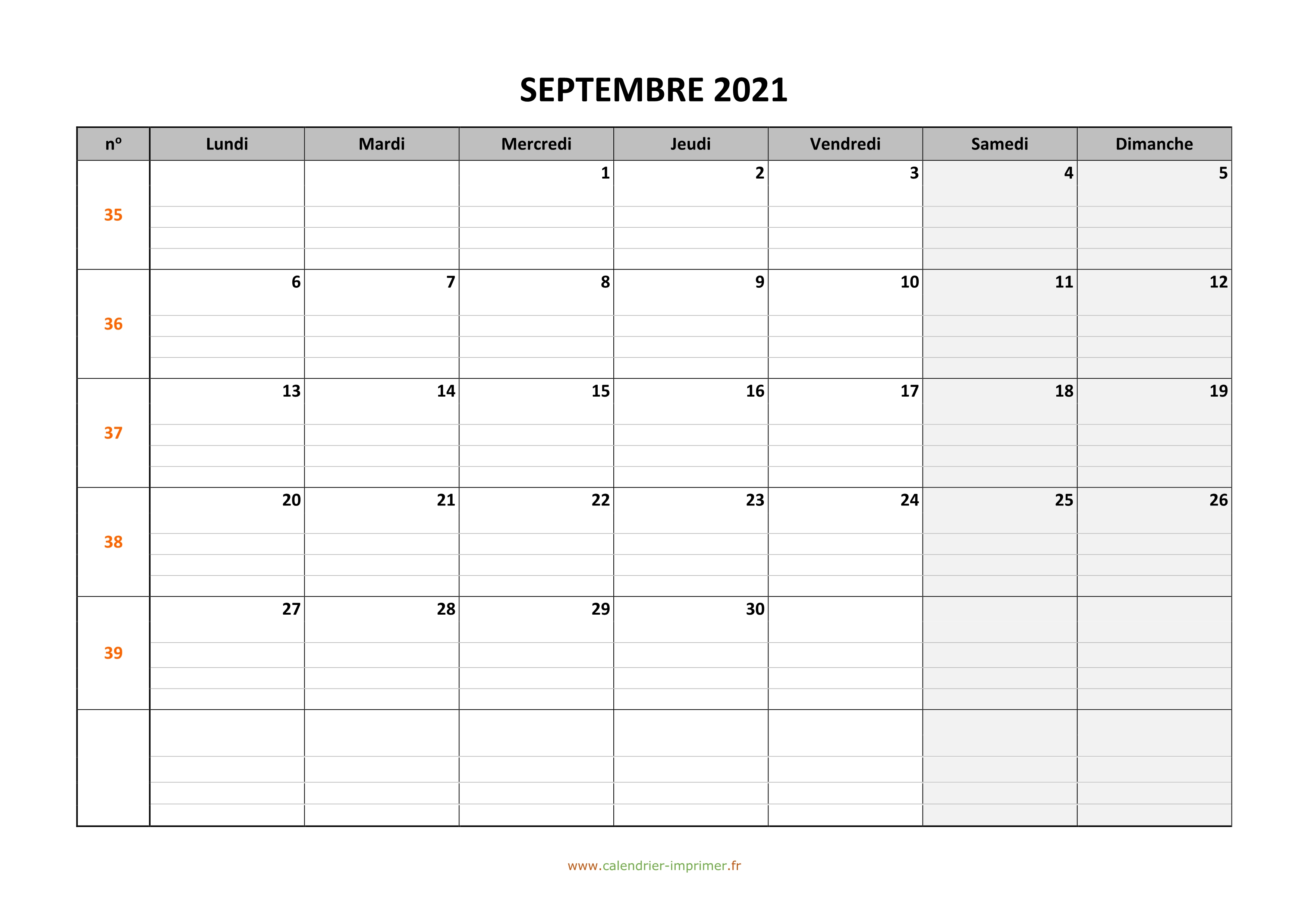 Calendrier septembre 2021 imprimer