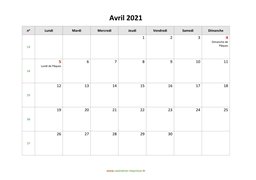 calendrier avril 2021