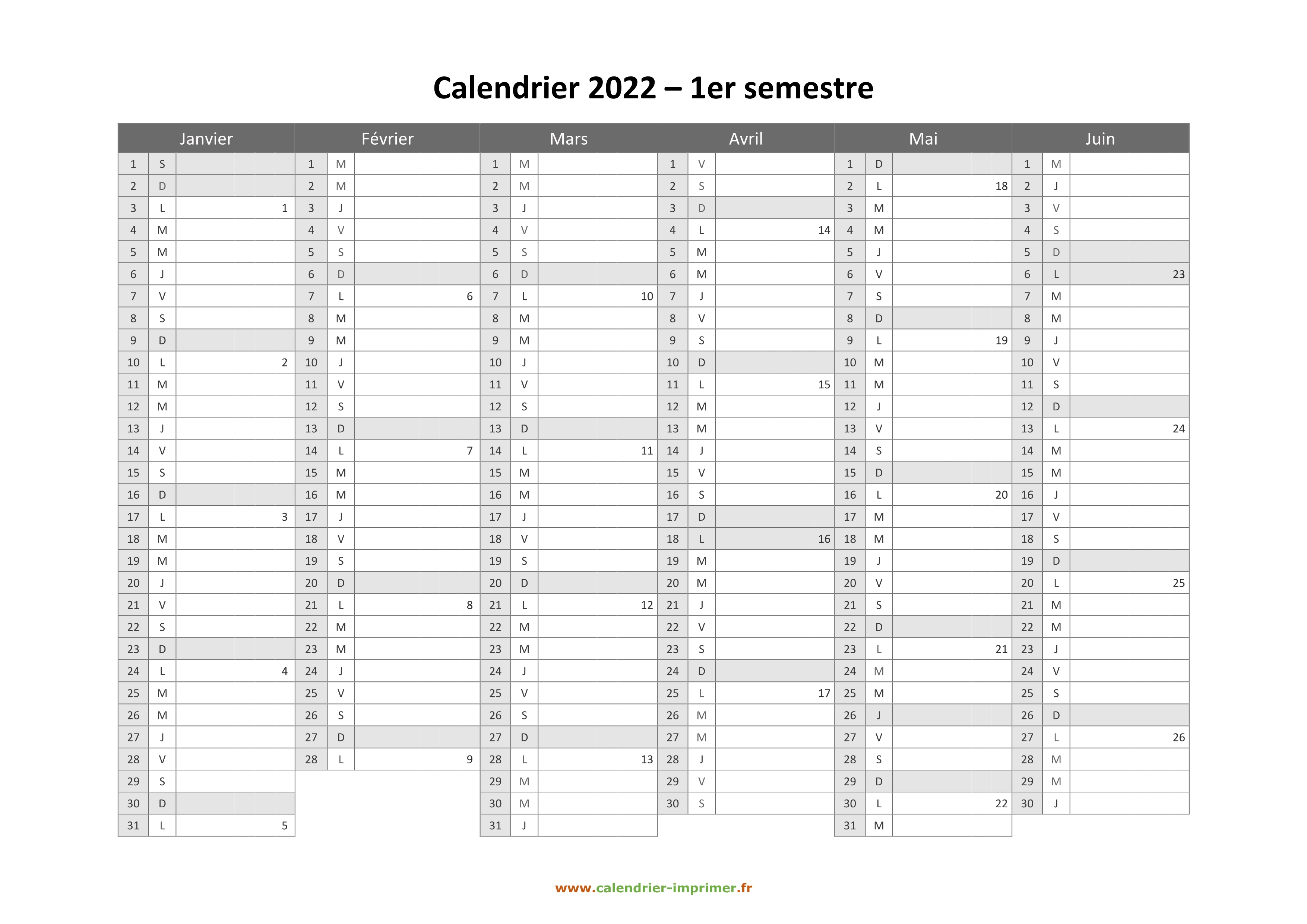 Calendrier Semestriel 2022 Et 2023 à Imprimer Calendrier Mensuel 2022