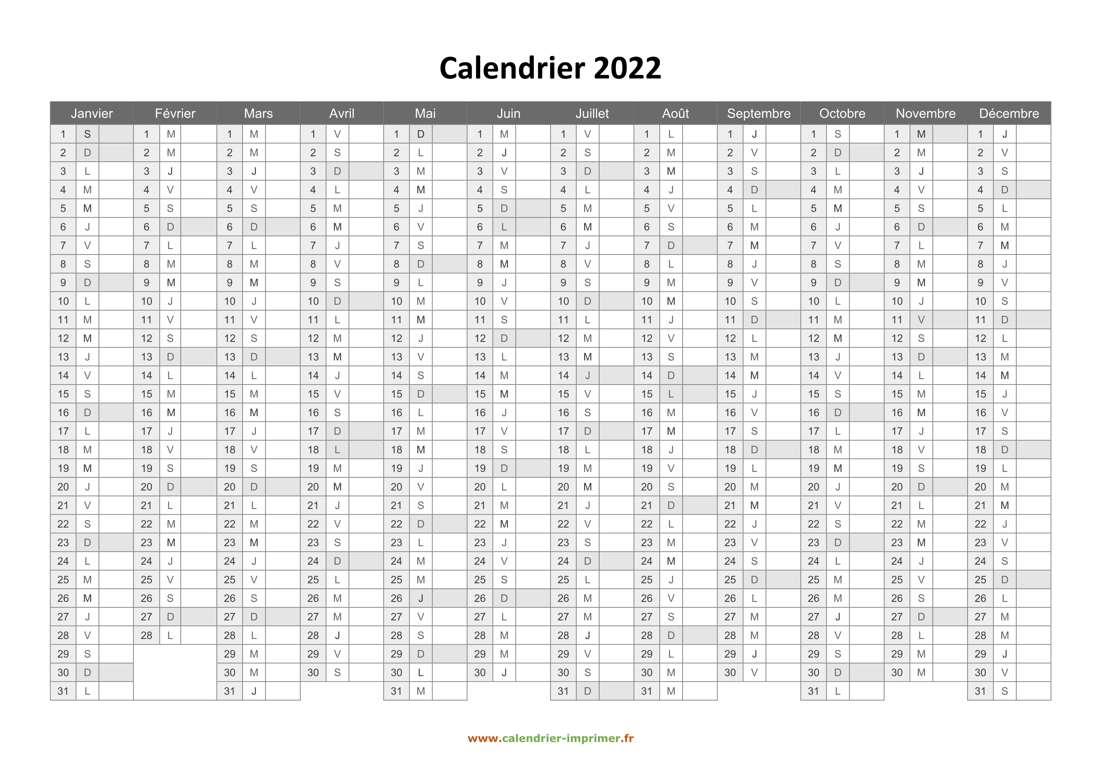  Calendrier  2022   imprimer gratuit 