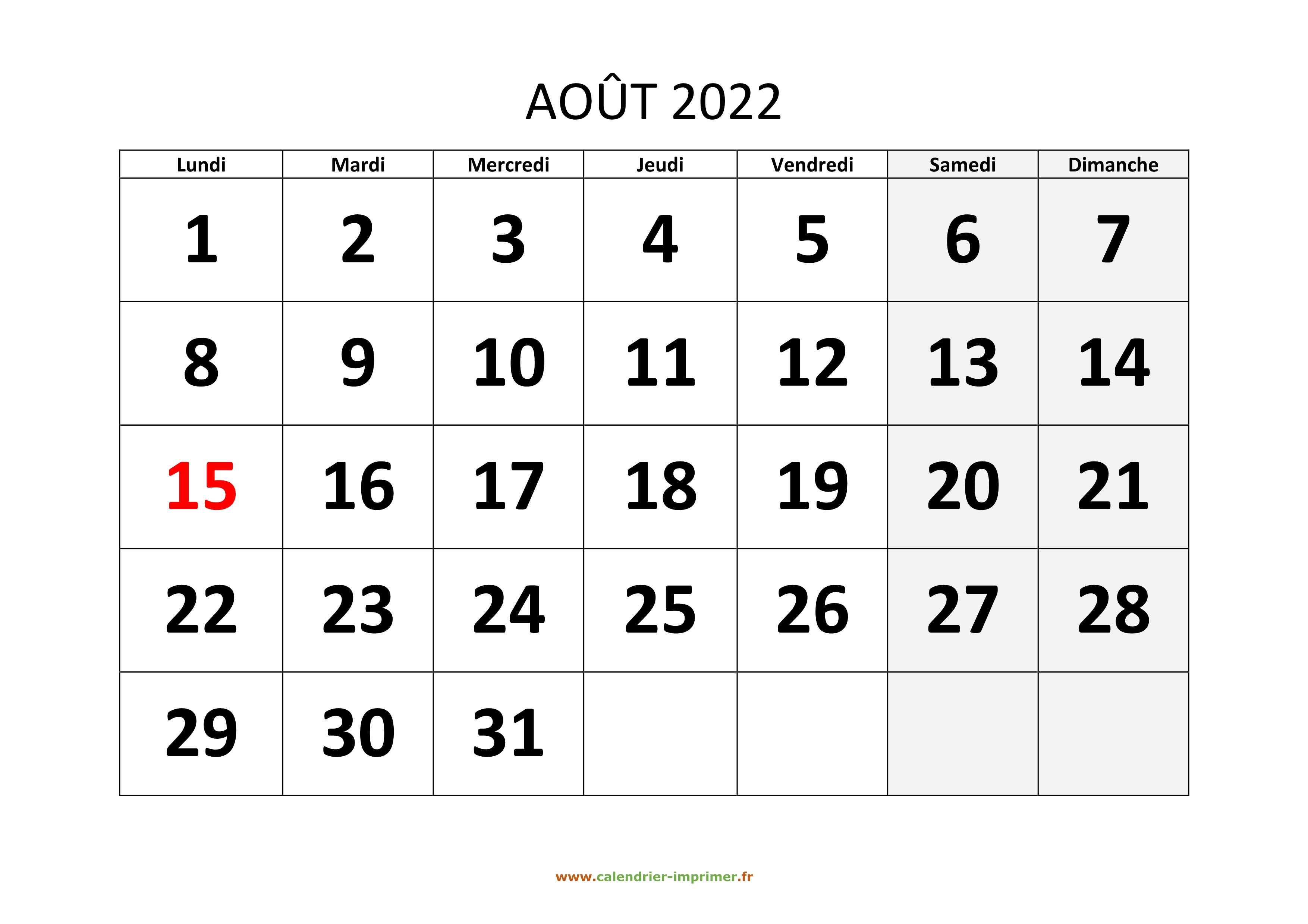 Calendrier Août 2022 à imprimer