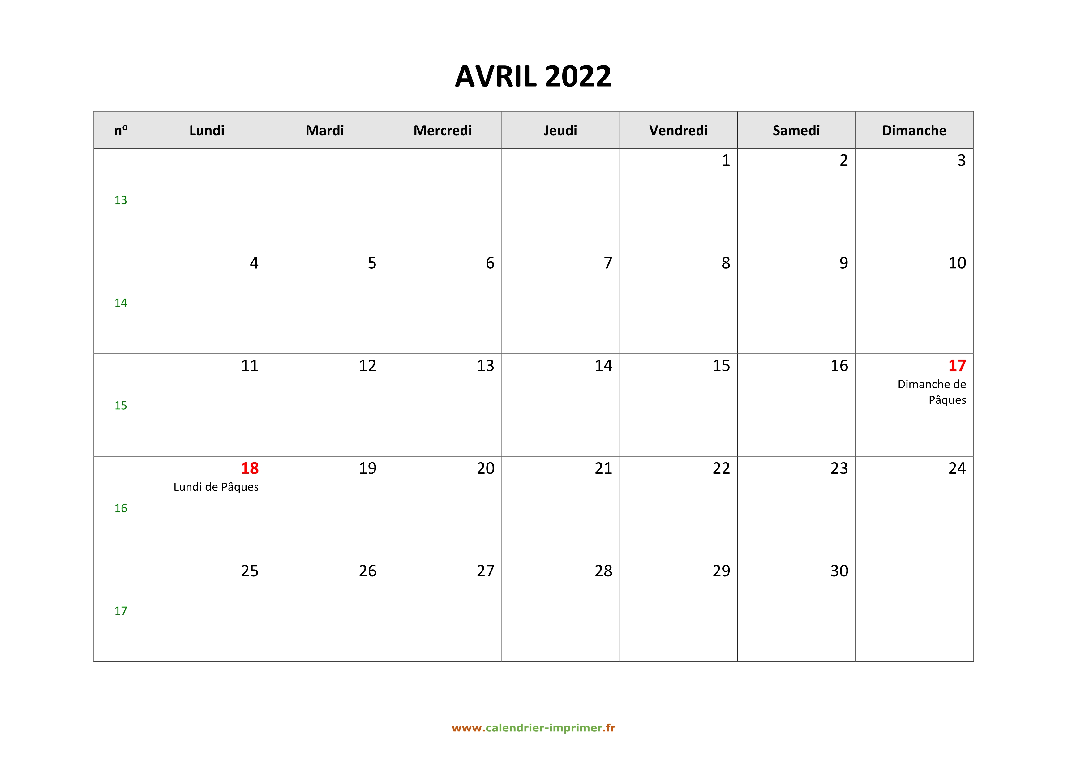 Calendrier Avril 2022 à Imprimer