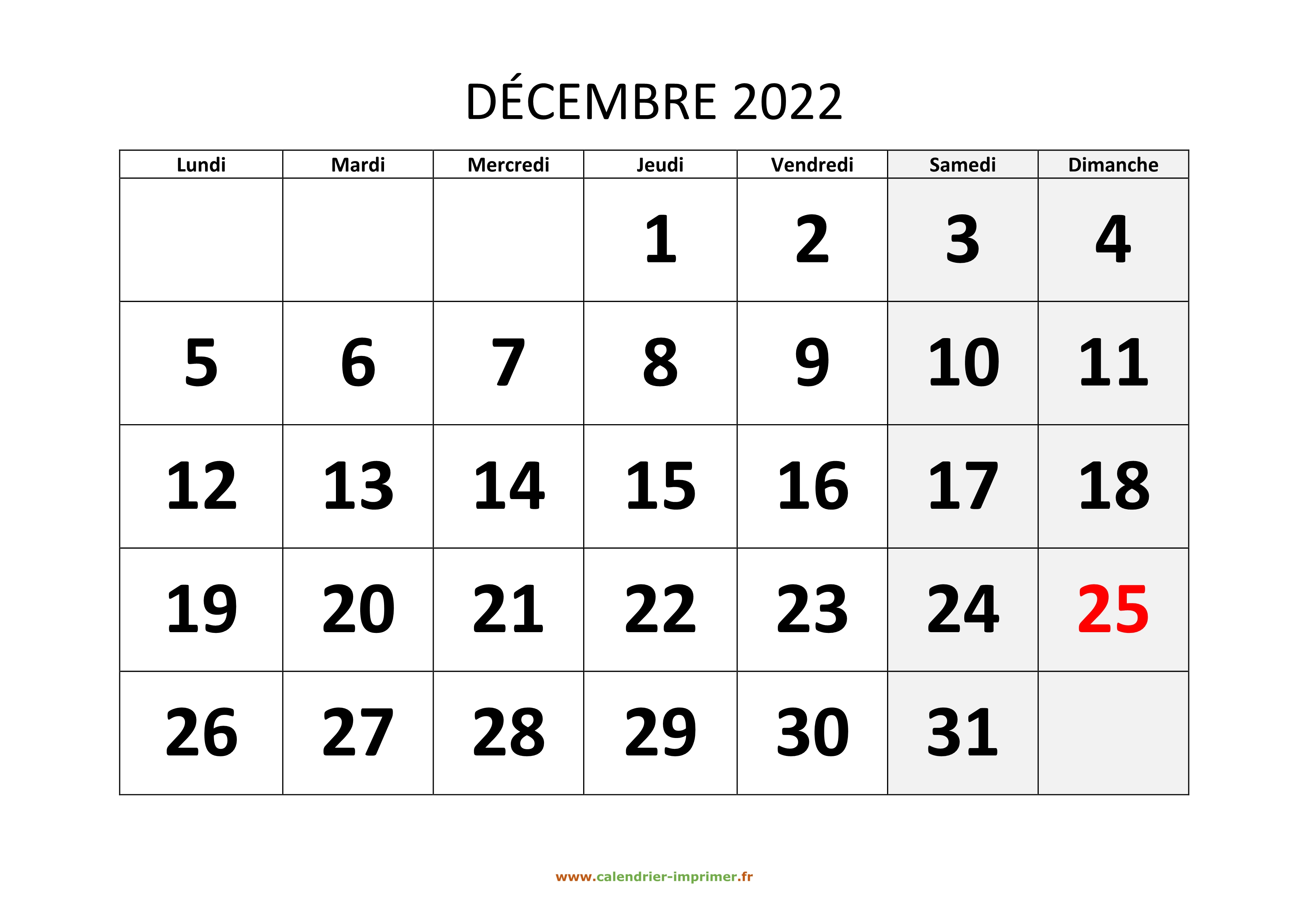 Calendrier 2022 Decembre Calendrier Décembre 2022 à imprimer