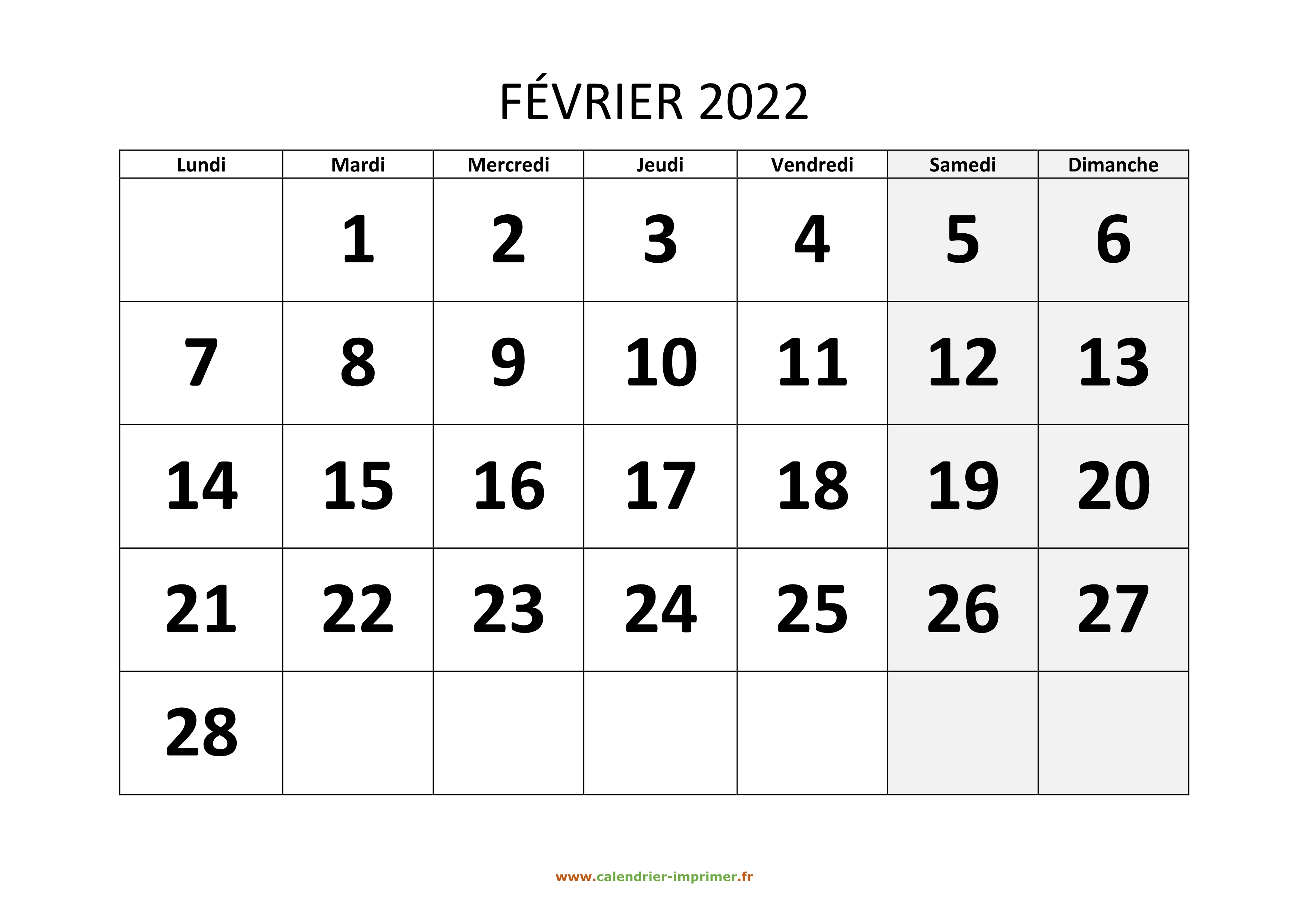 Calendrier Fevrier 2022 Calendrier Février 2022 à imprimer