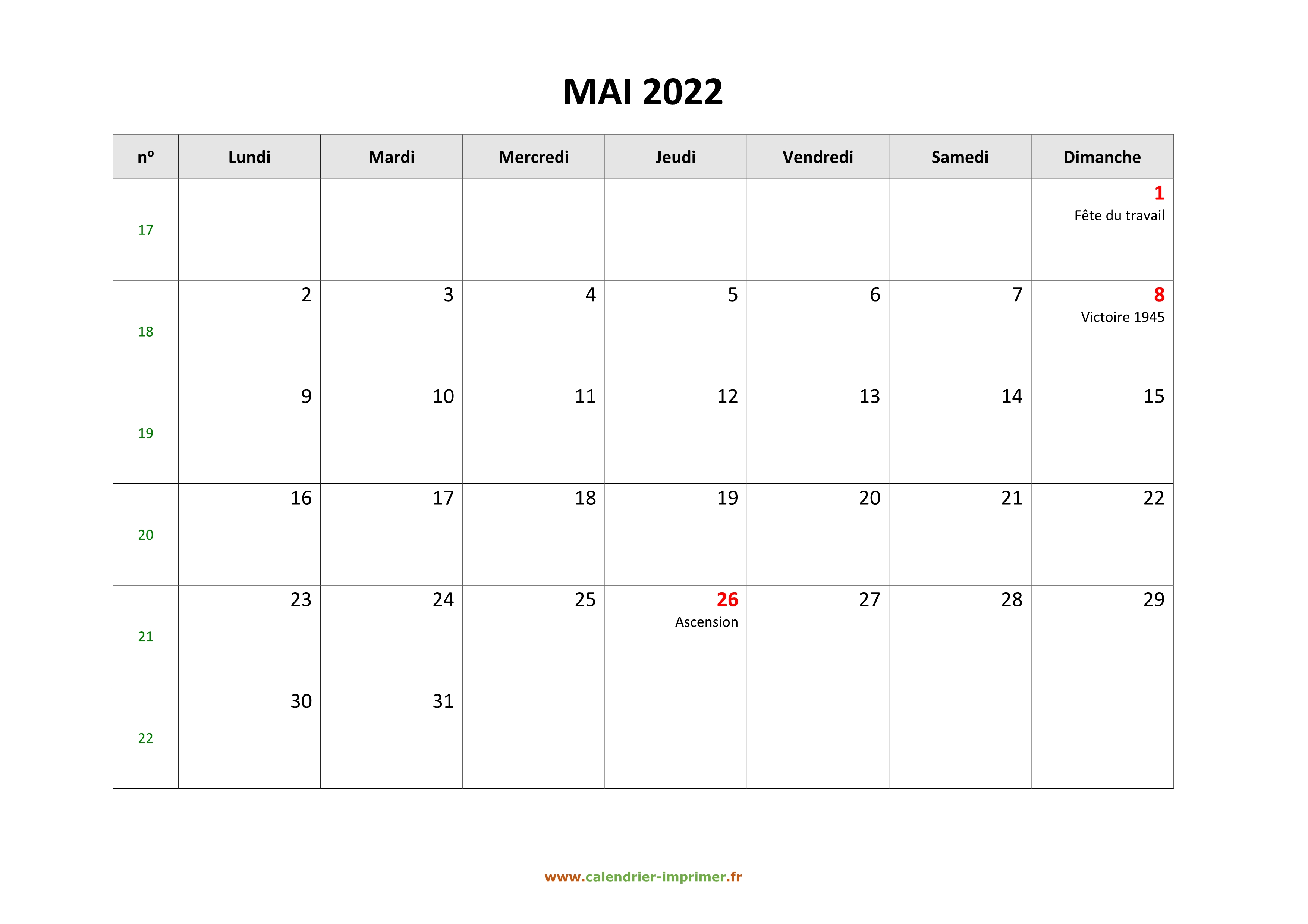 Calendrier Mai 2022 à Imprimer Gratuit Calendrier Mai 2022 à imprimer