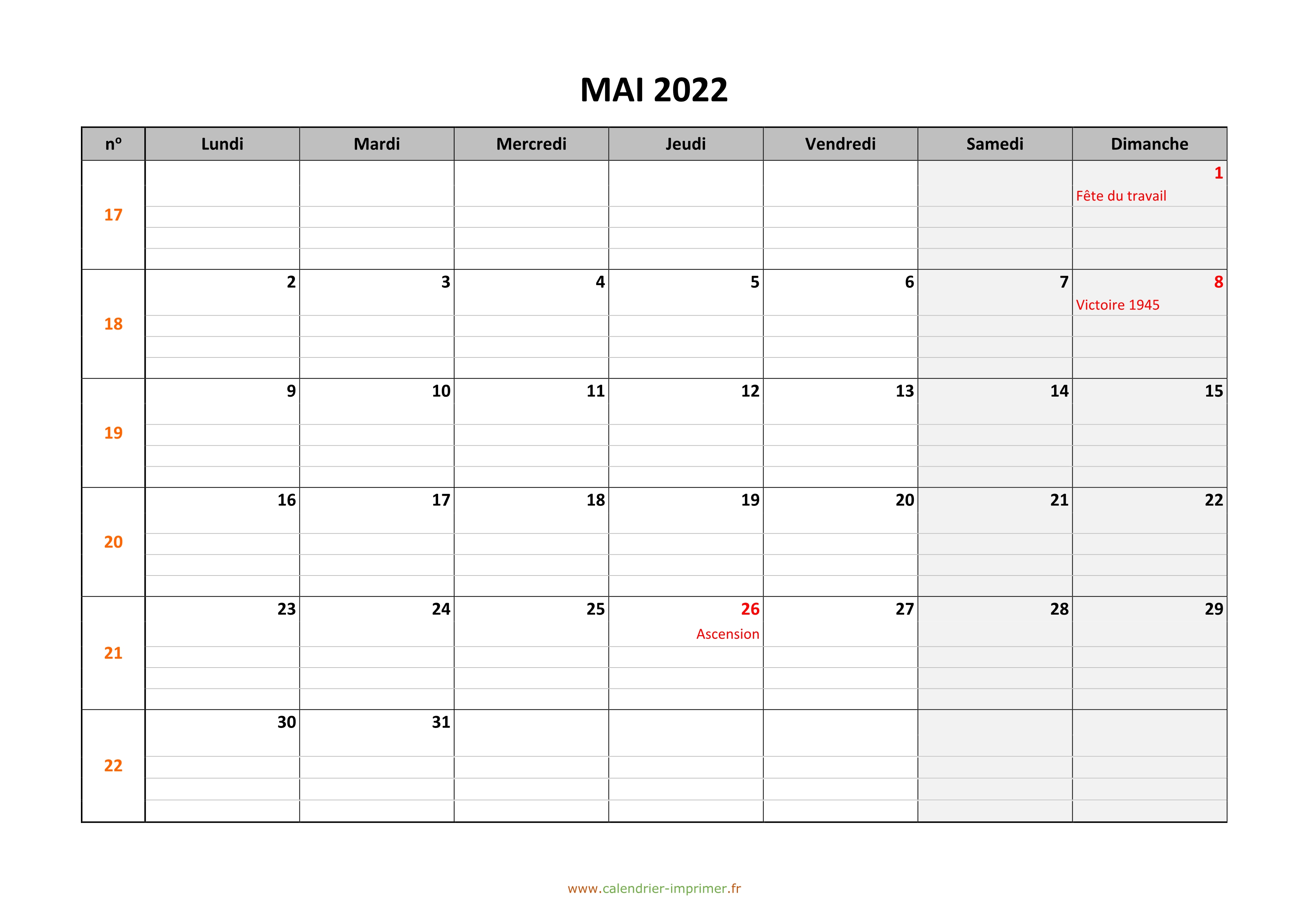 Calendrier Mai  2022   imprimer