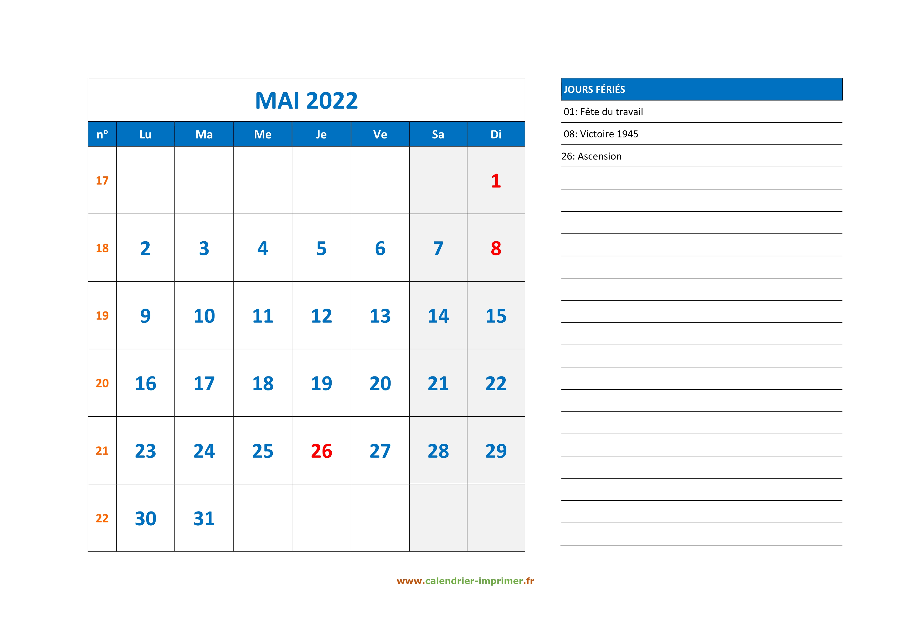 Calendrier Mai 2022 à Imprimer