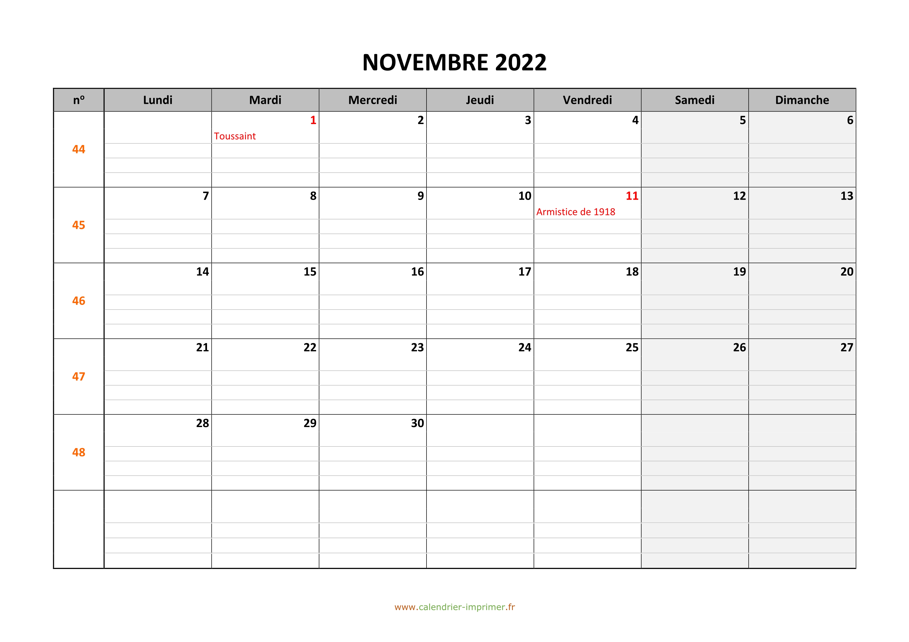 Calendrier Novembre 2022 à Imprimer Calendrier Novembre 2022 à imprimer