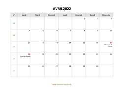 calendrier avril 2022