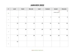 calendrier janvier 2022