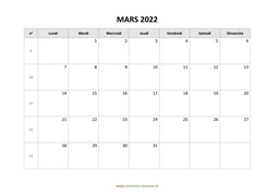 calendrier mars 2022