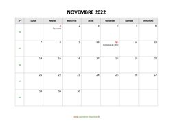 calendrier novembre 2022