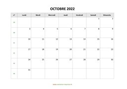 calendrier octobre 2022