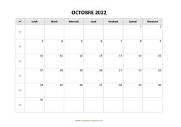 calendrier octobre 2022
