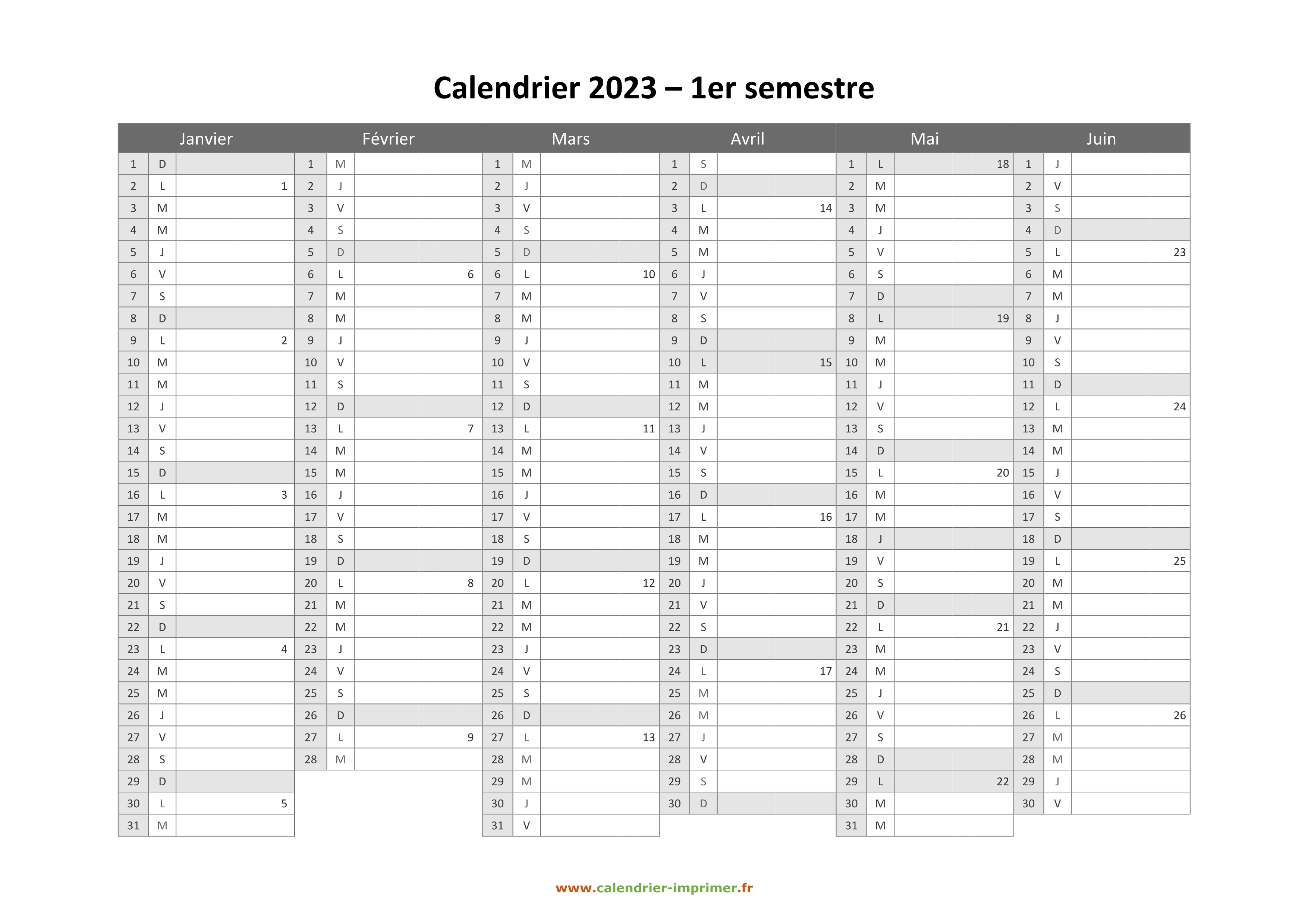 Calendrier 2023 à Imprimer Gratuit