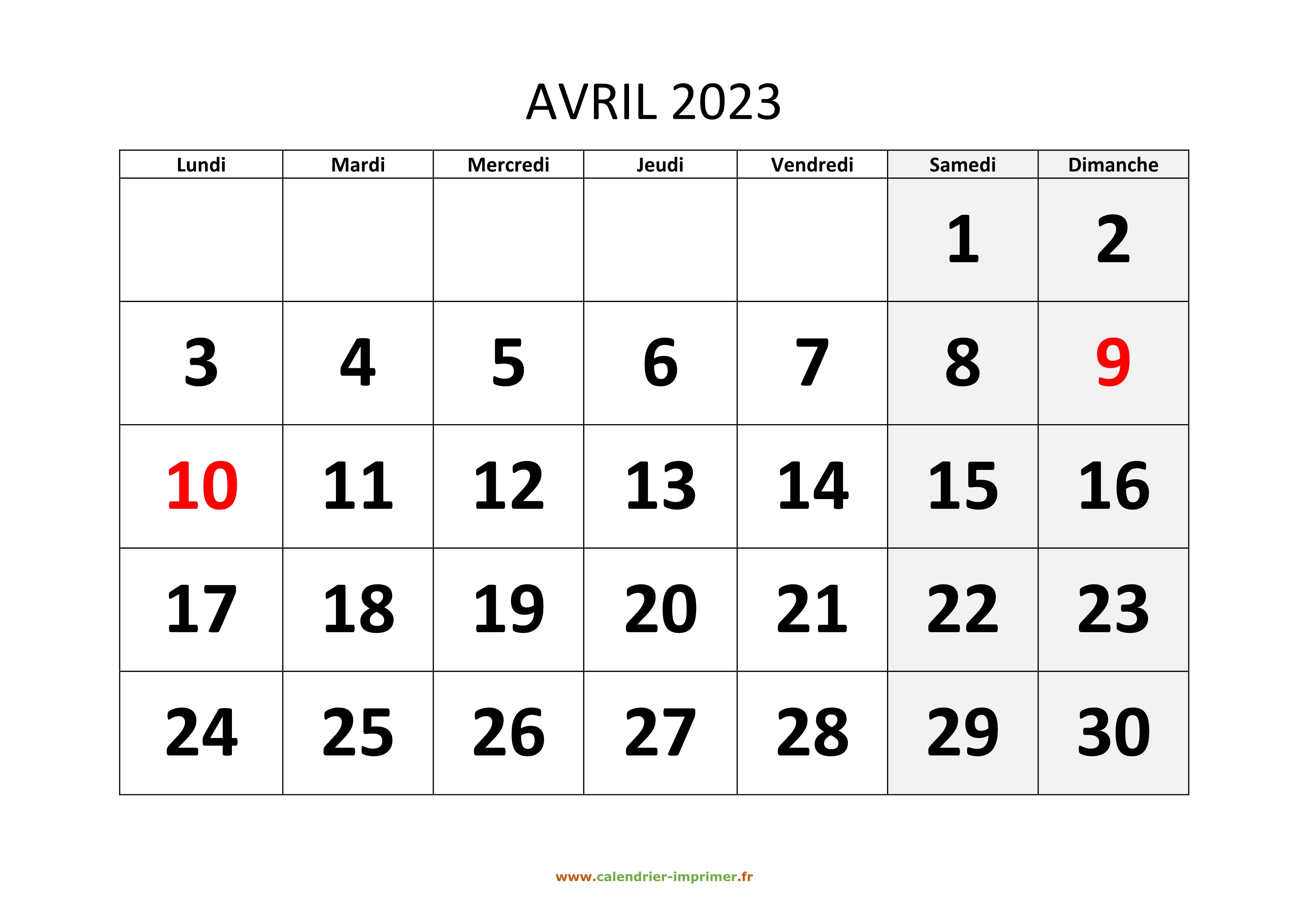 Calendrier Avril 2023 à Imprimer