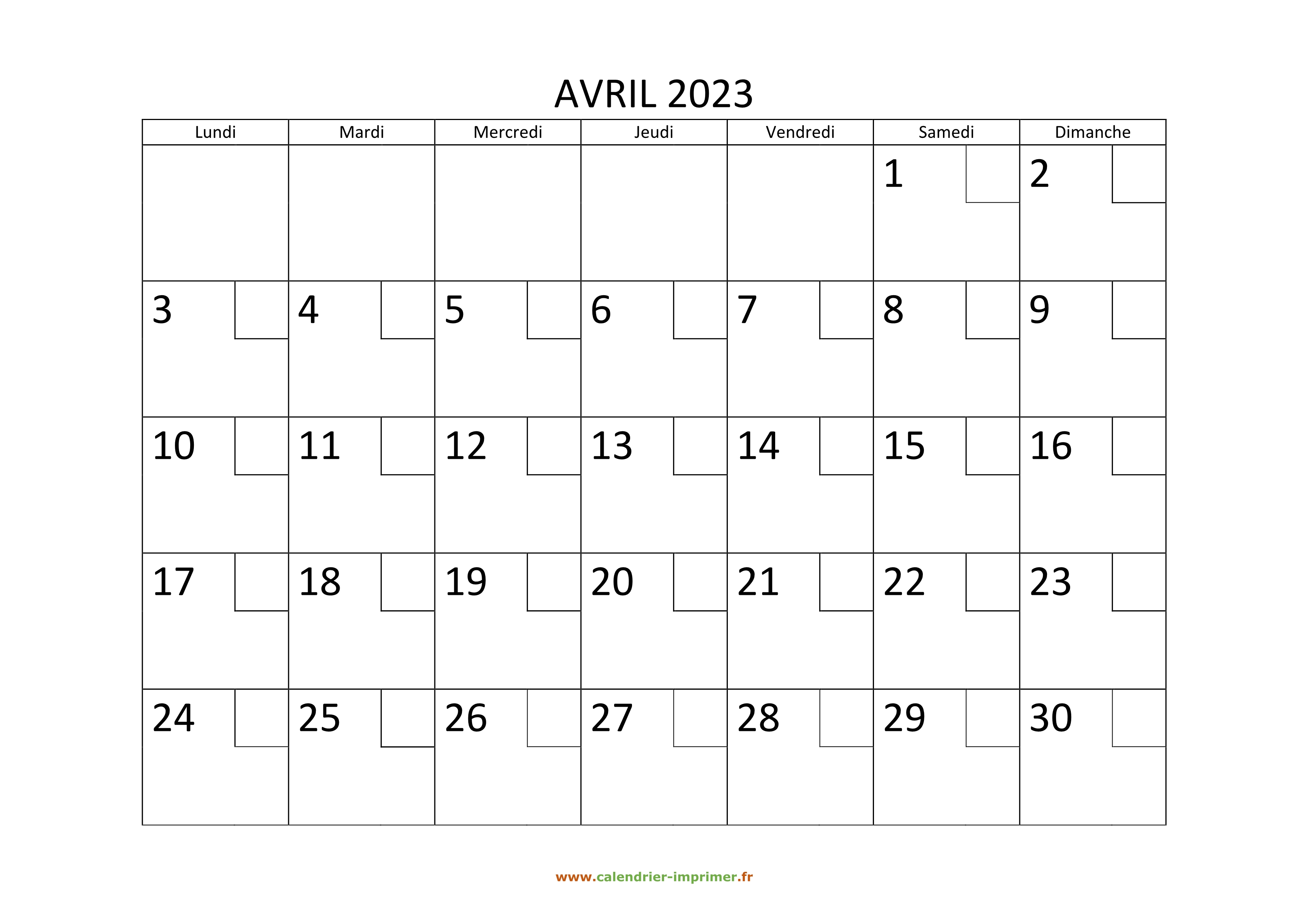 Calendrier Avril 2023 à Imprimer