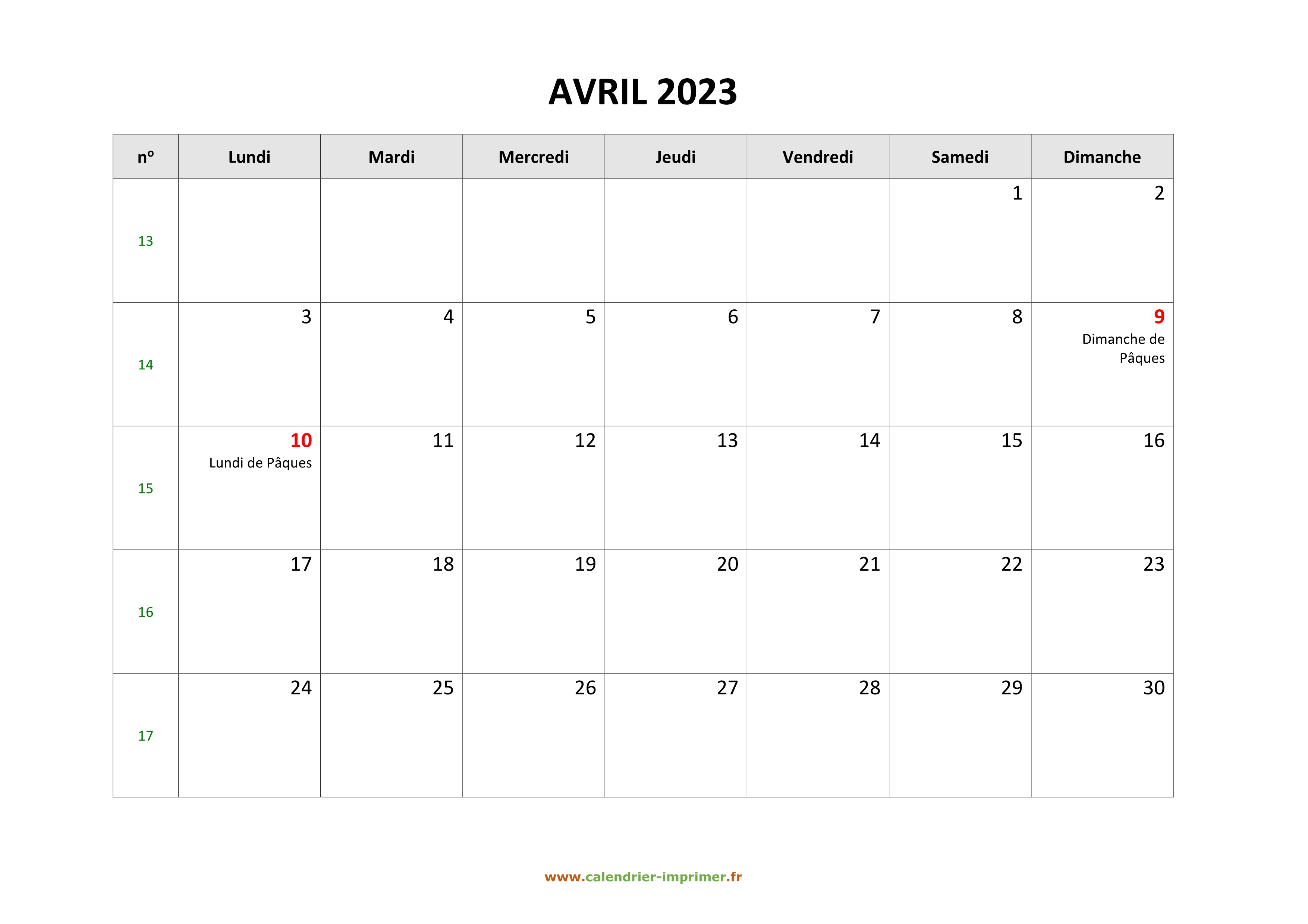 Calendrier Avril 2023 à Imprimer