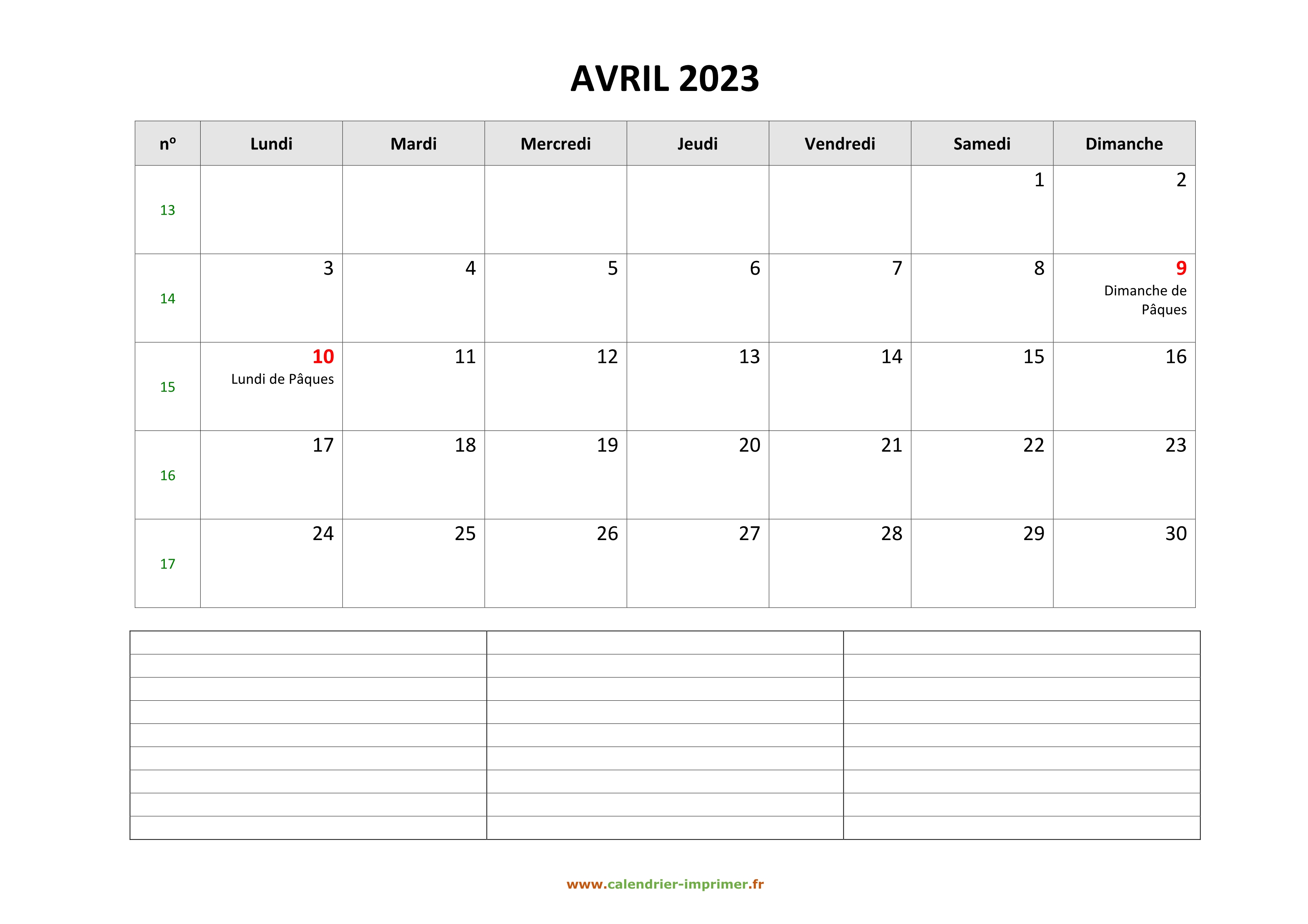 Calendrier Avril 2023 à Imprimer