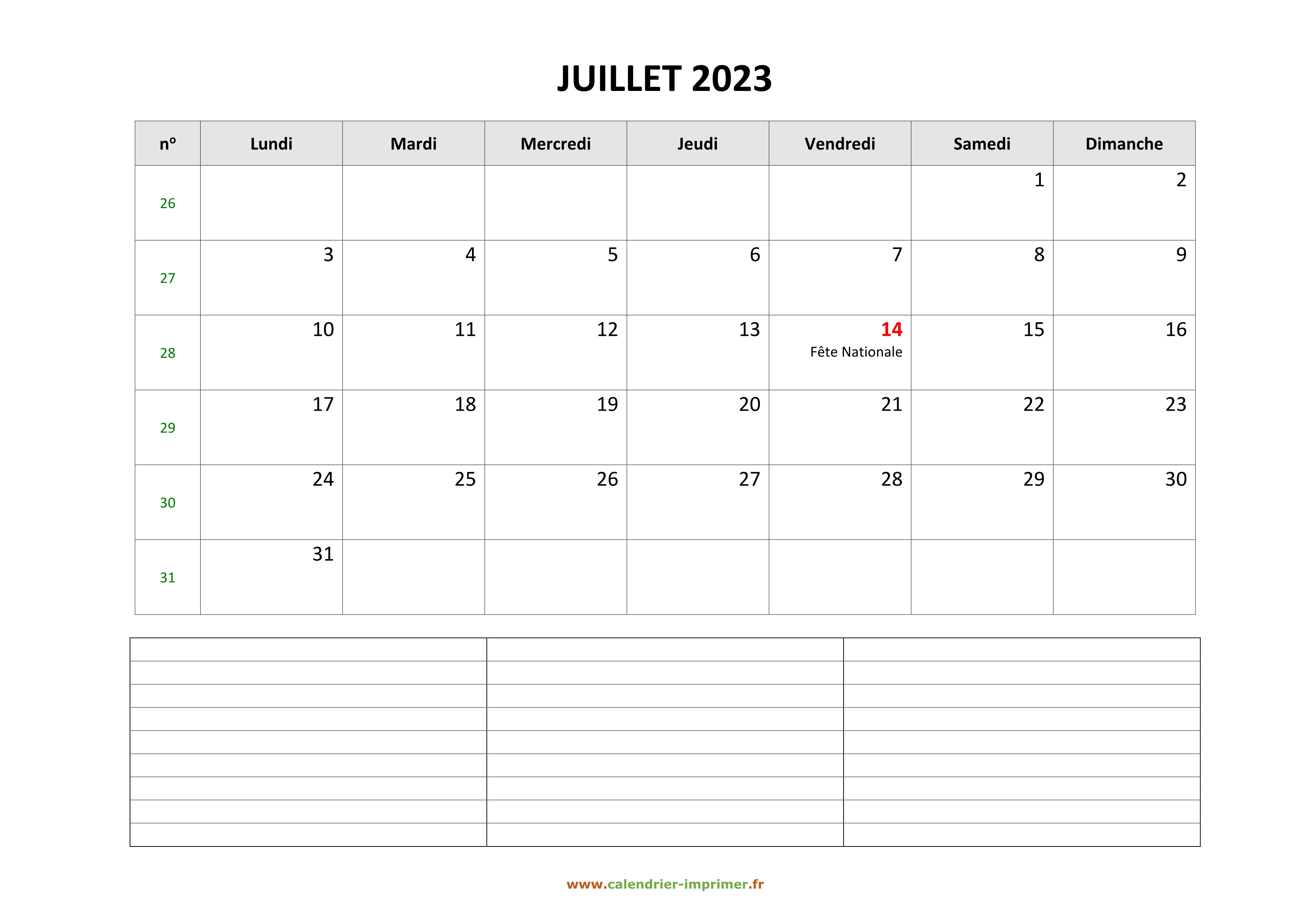 Calendrier Juillet 2023 à Imprimer