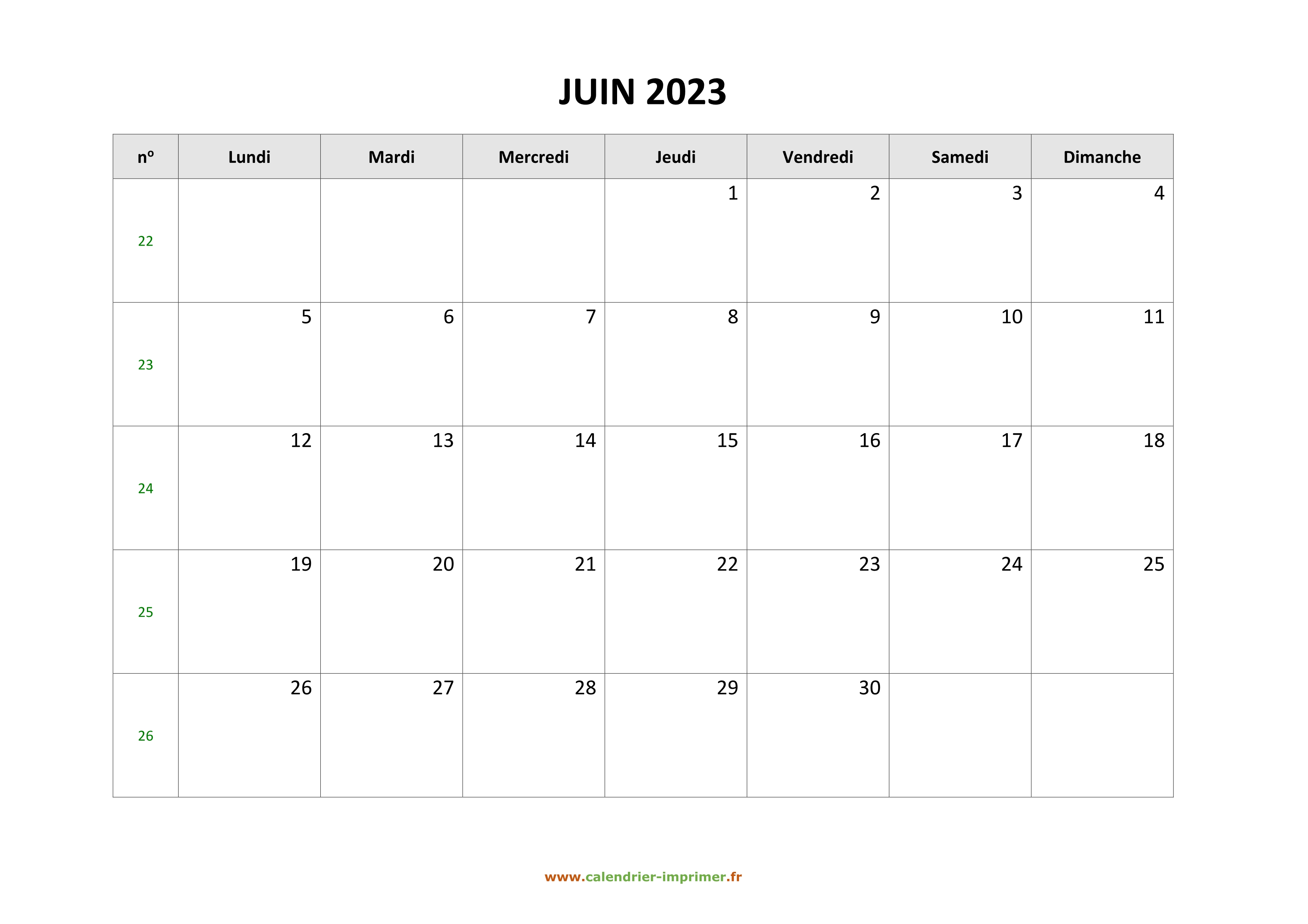 Calendrier Juin 2023 à Imprimer