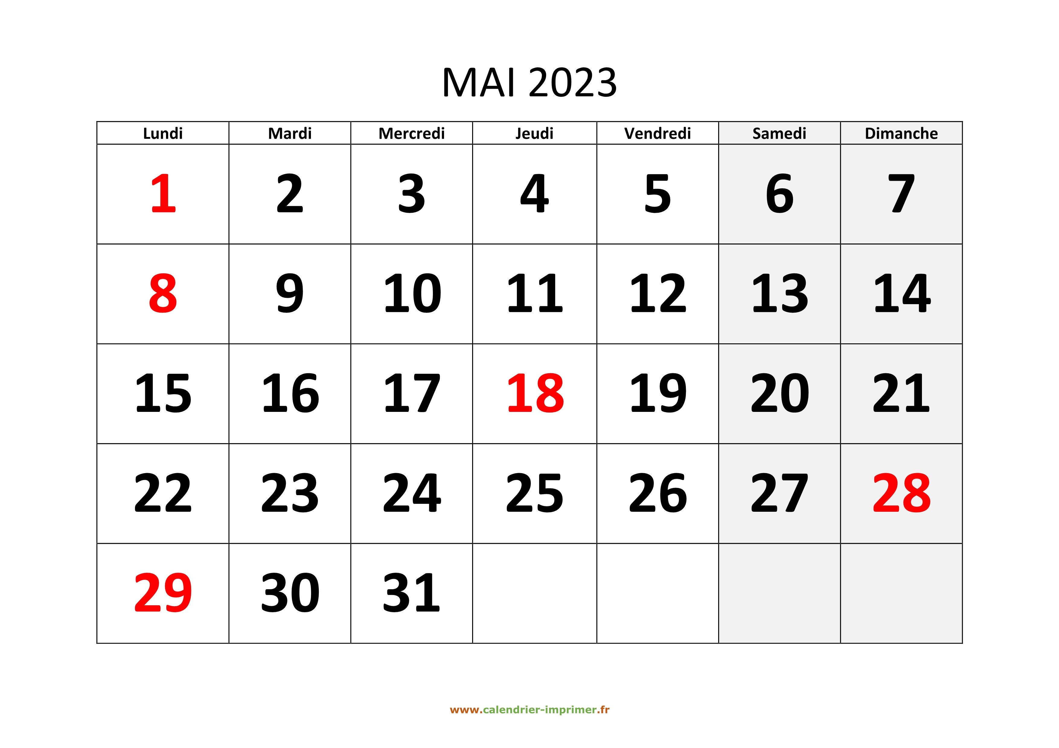 Calendrier Mai 2023 à Imprimer