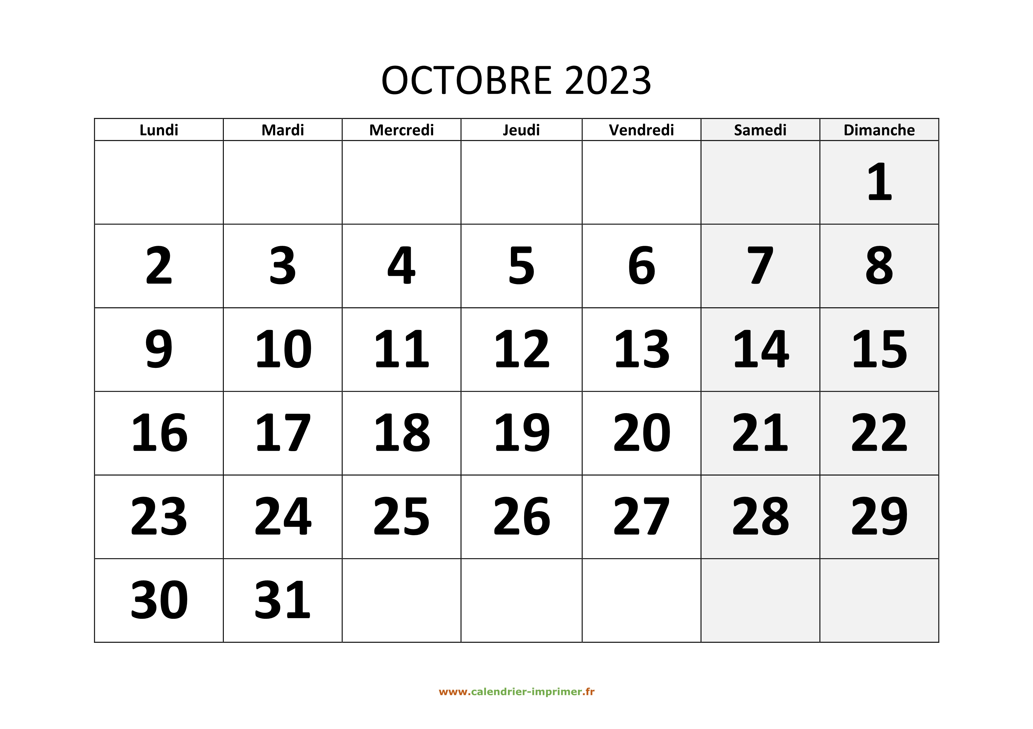 Calendrier Octobre 2023 à Imprimer