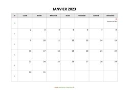 calendrier janvier 2023
