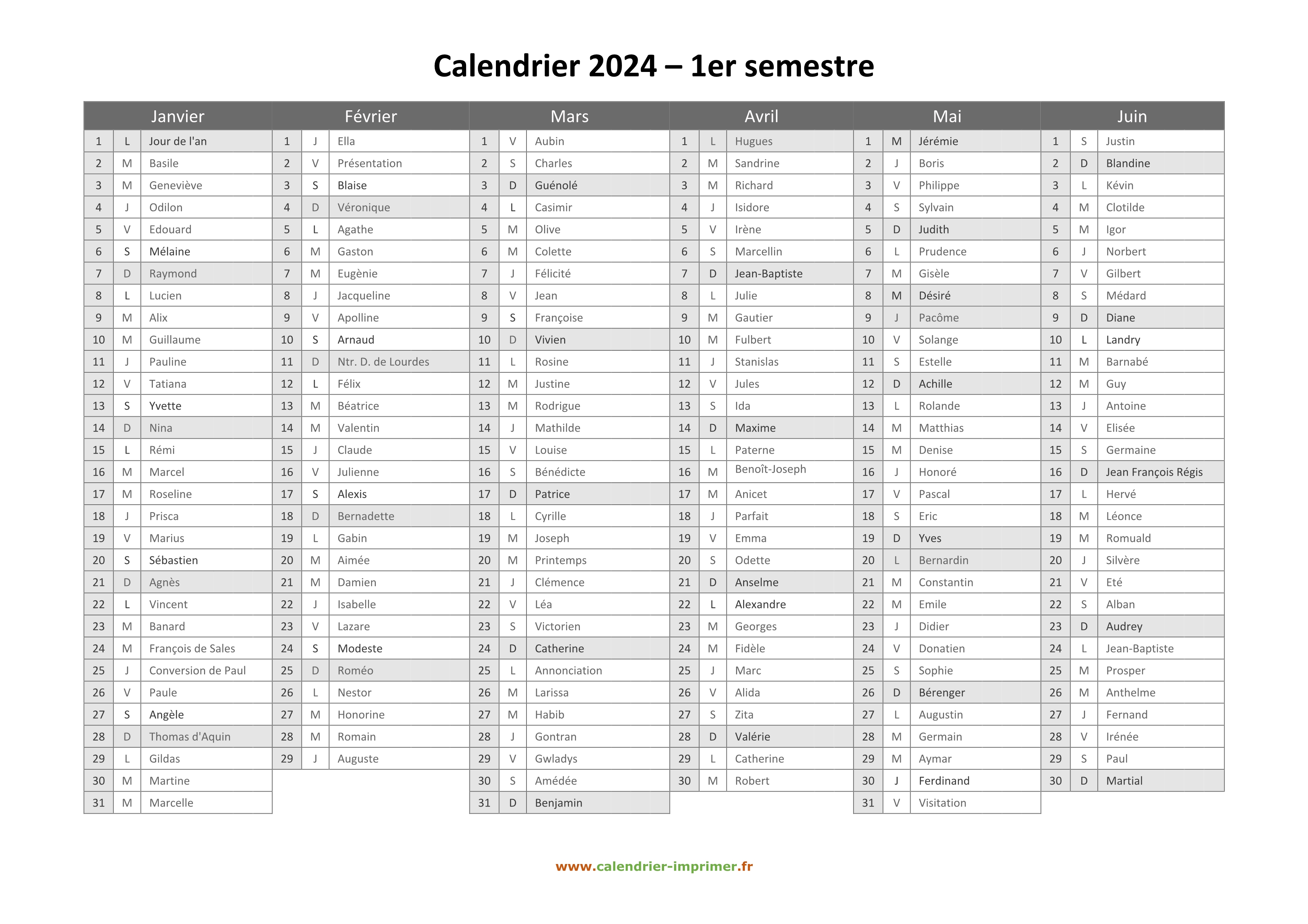 Calendrier de 2024 à imprimer gratuitement - PDF Excel et Image