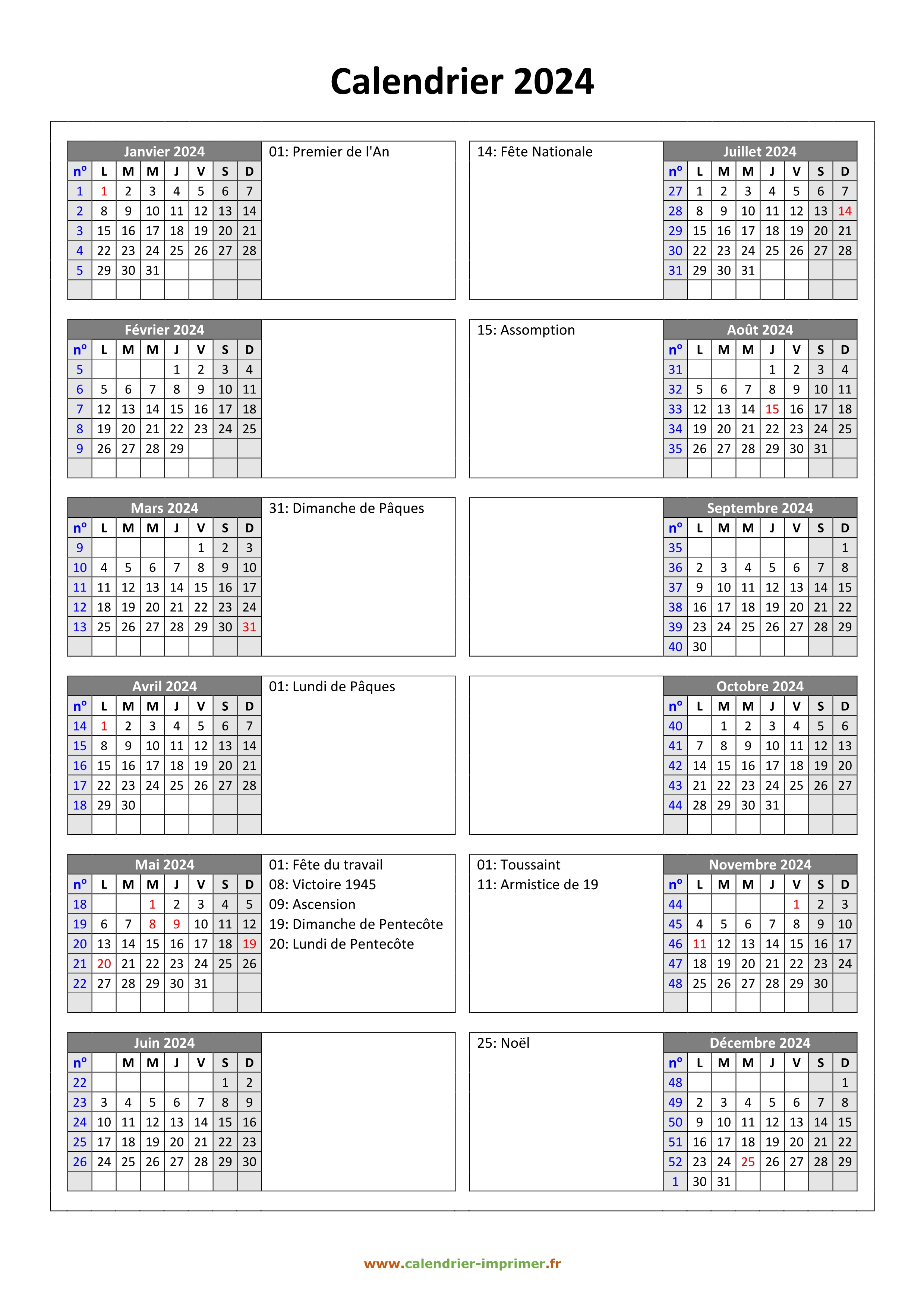 Calendrier 2024 à Imprimer Gratuit