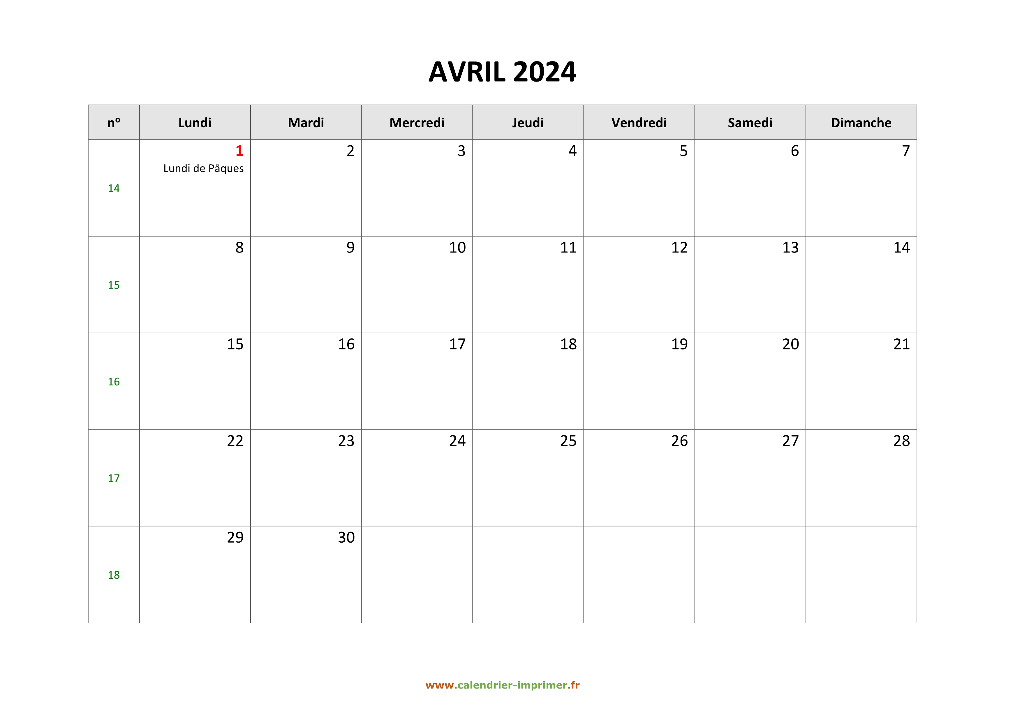 Calendrier Avril 2024 à imprimer