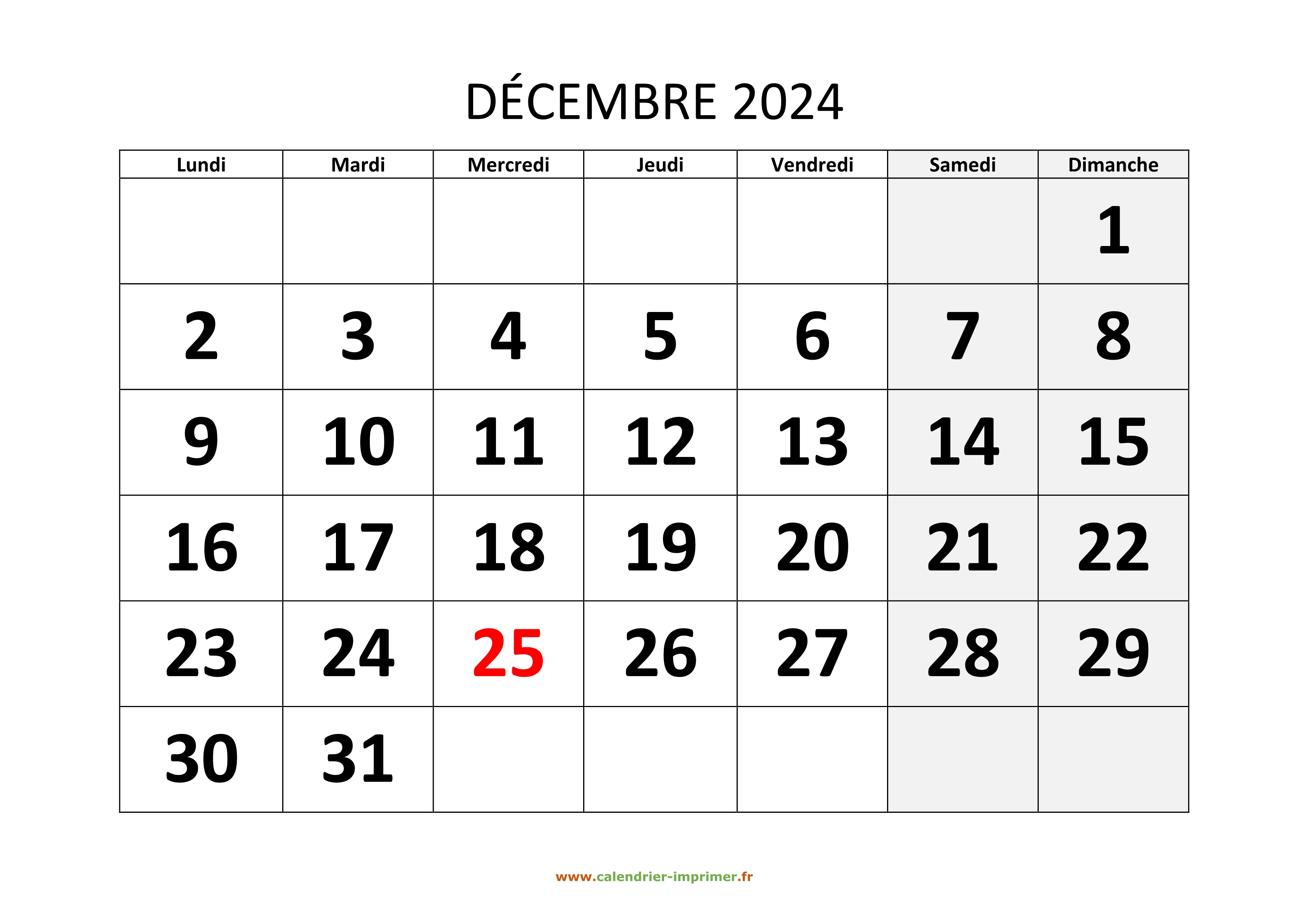 Calendrier Décembre 2024 à imprimer