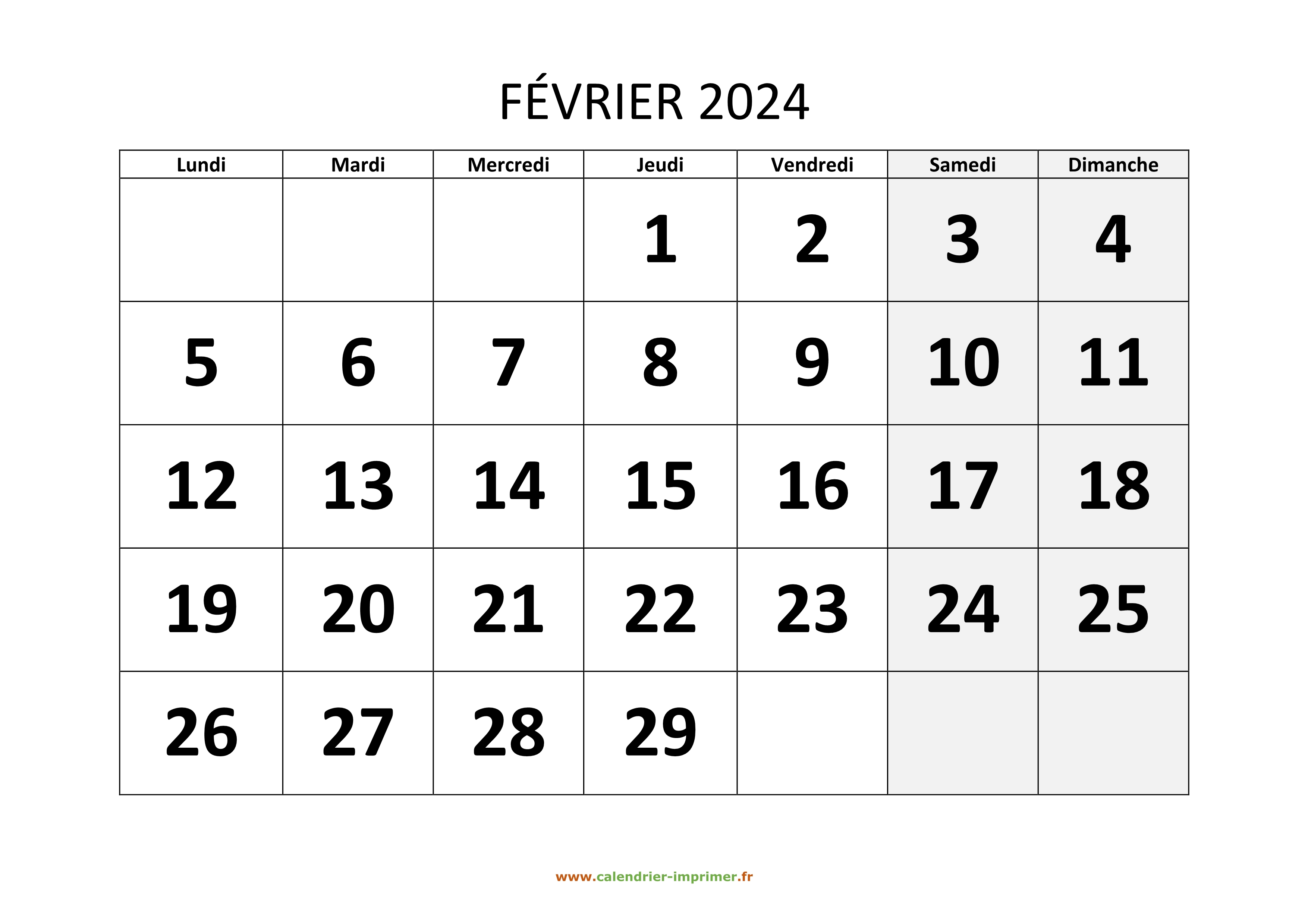 Calendrier Février 2024 à imprimer
