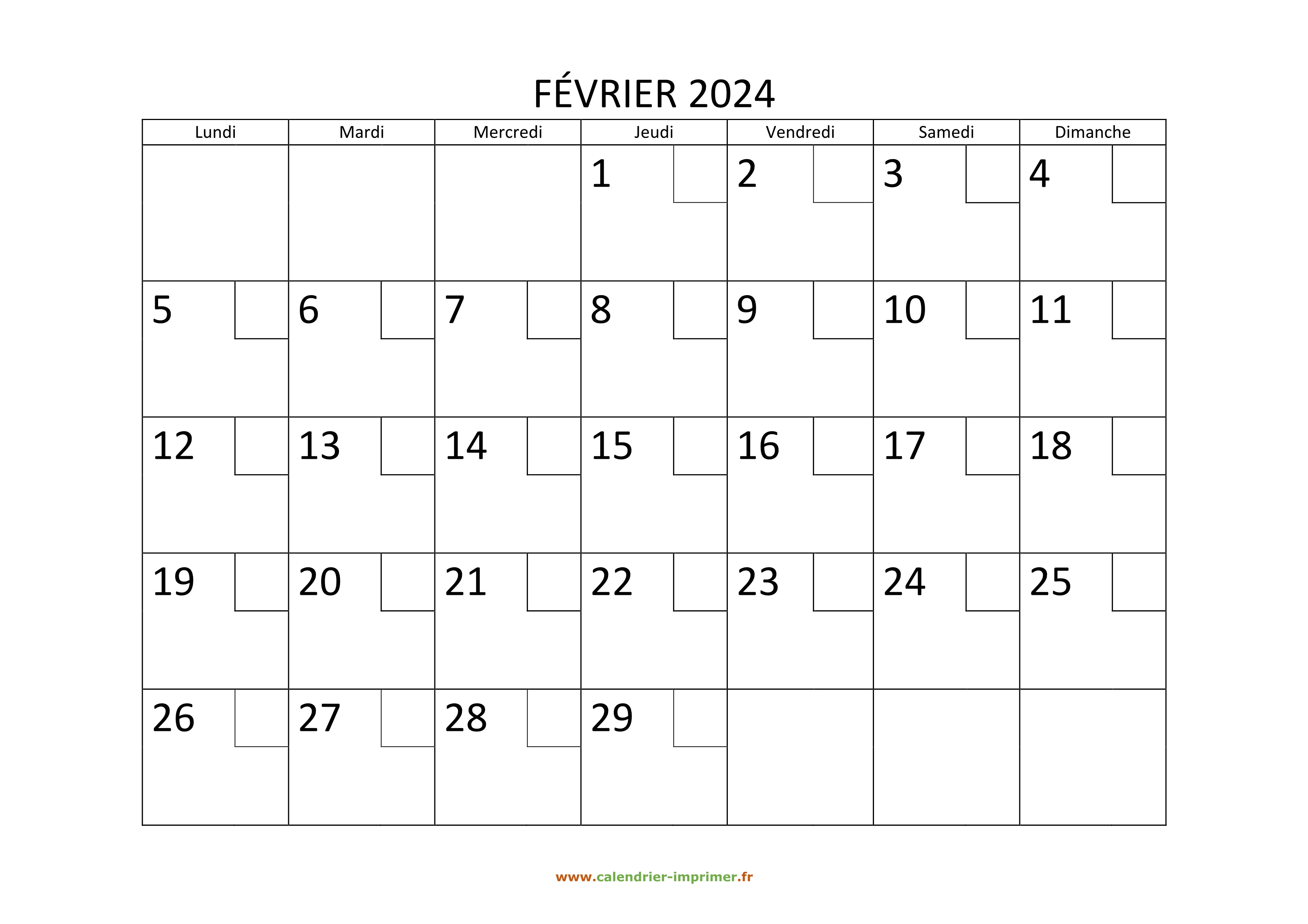 Calendrier Février 2024 à imprimer