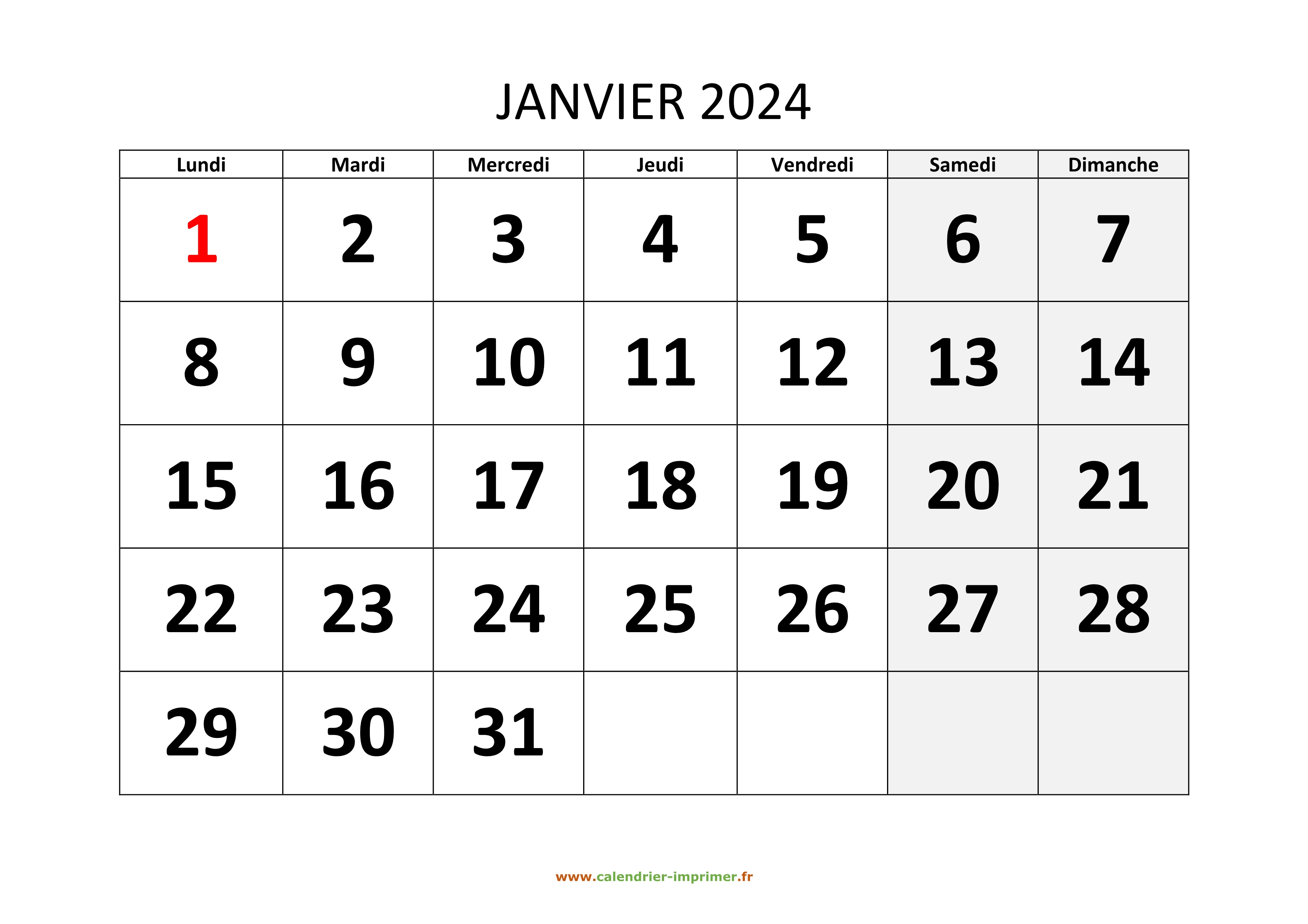 Calendrier Janvier 2024 à imprimer