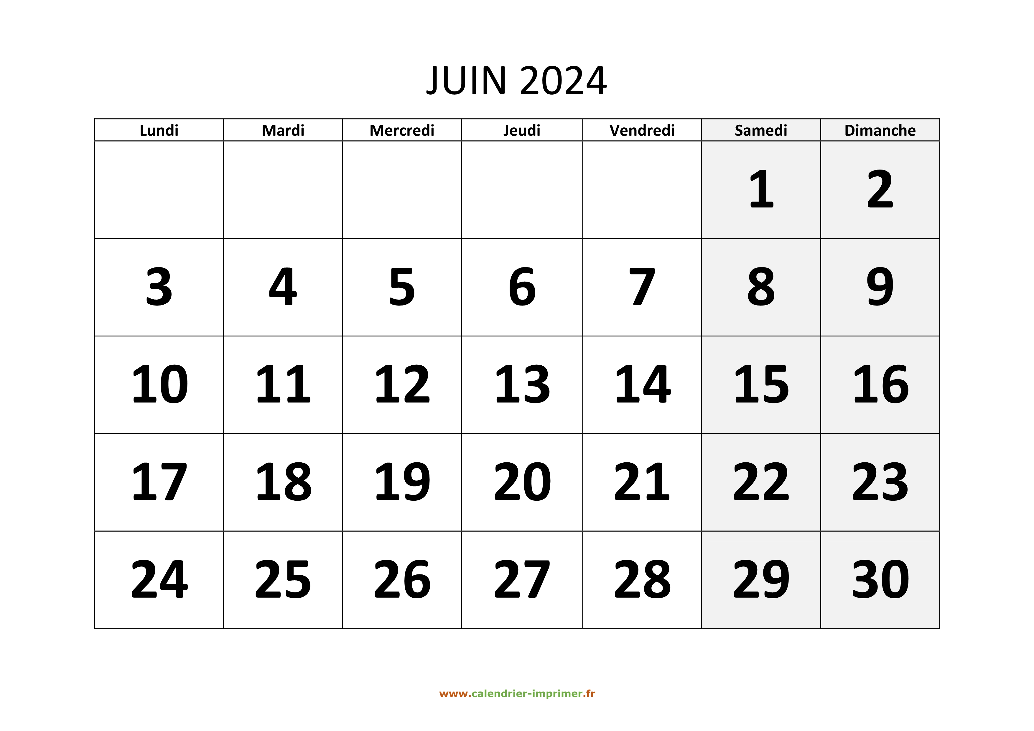Calendrier Juin 2024 à imprimer