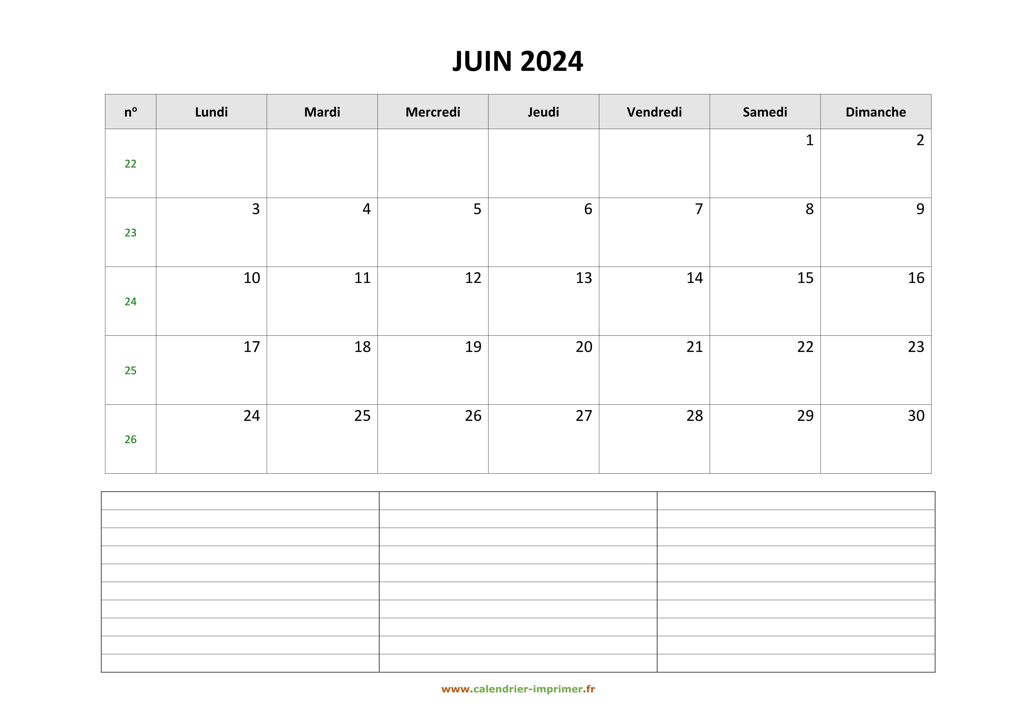 Calendrier Juin 2024 à imprimer