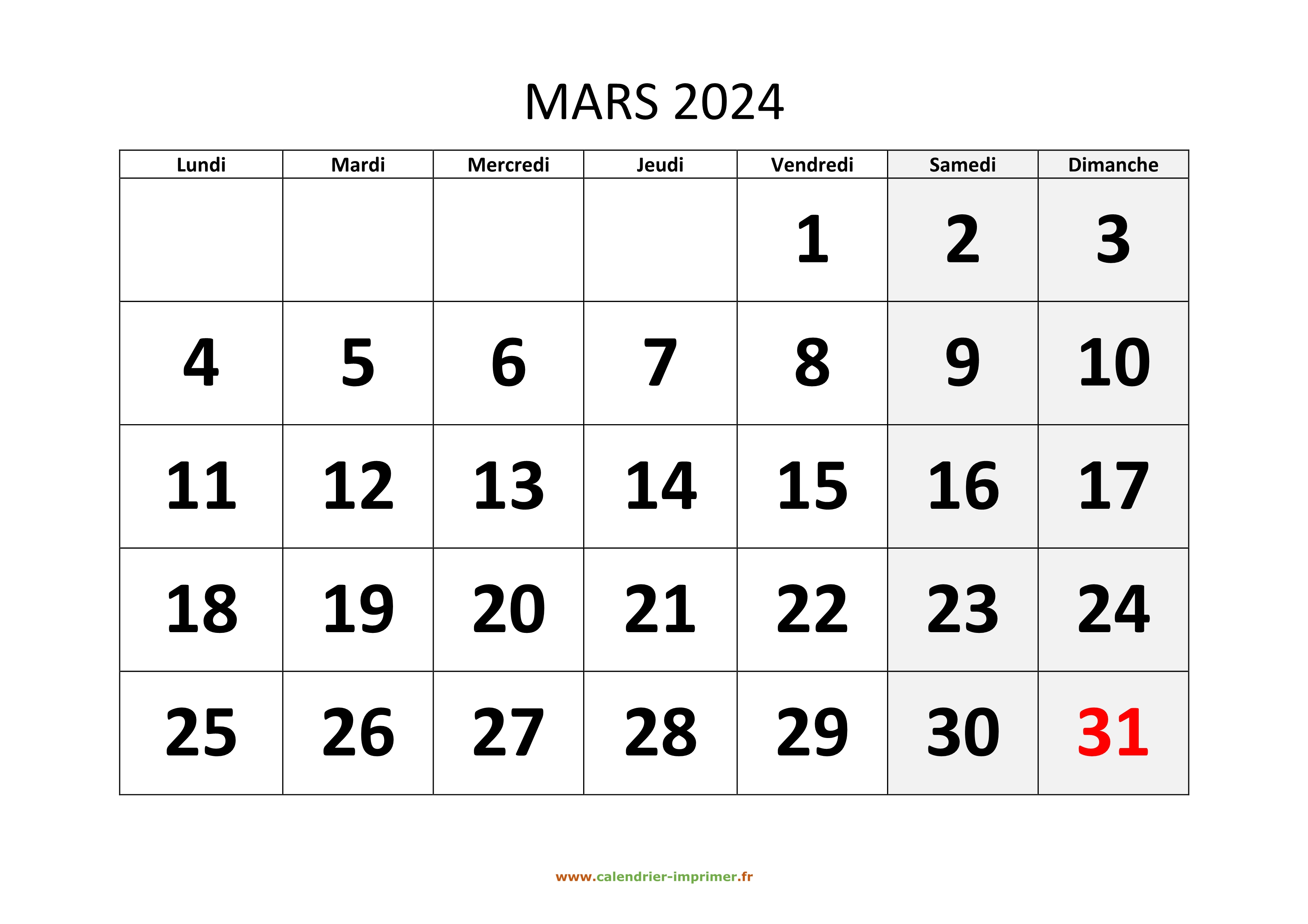 Calendrier Mars 2024 à imprimer