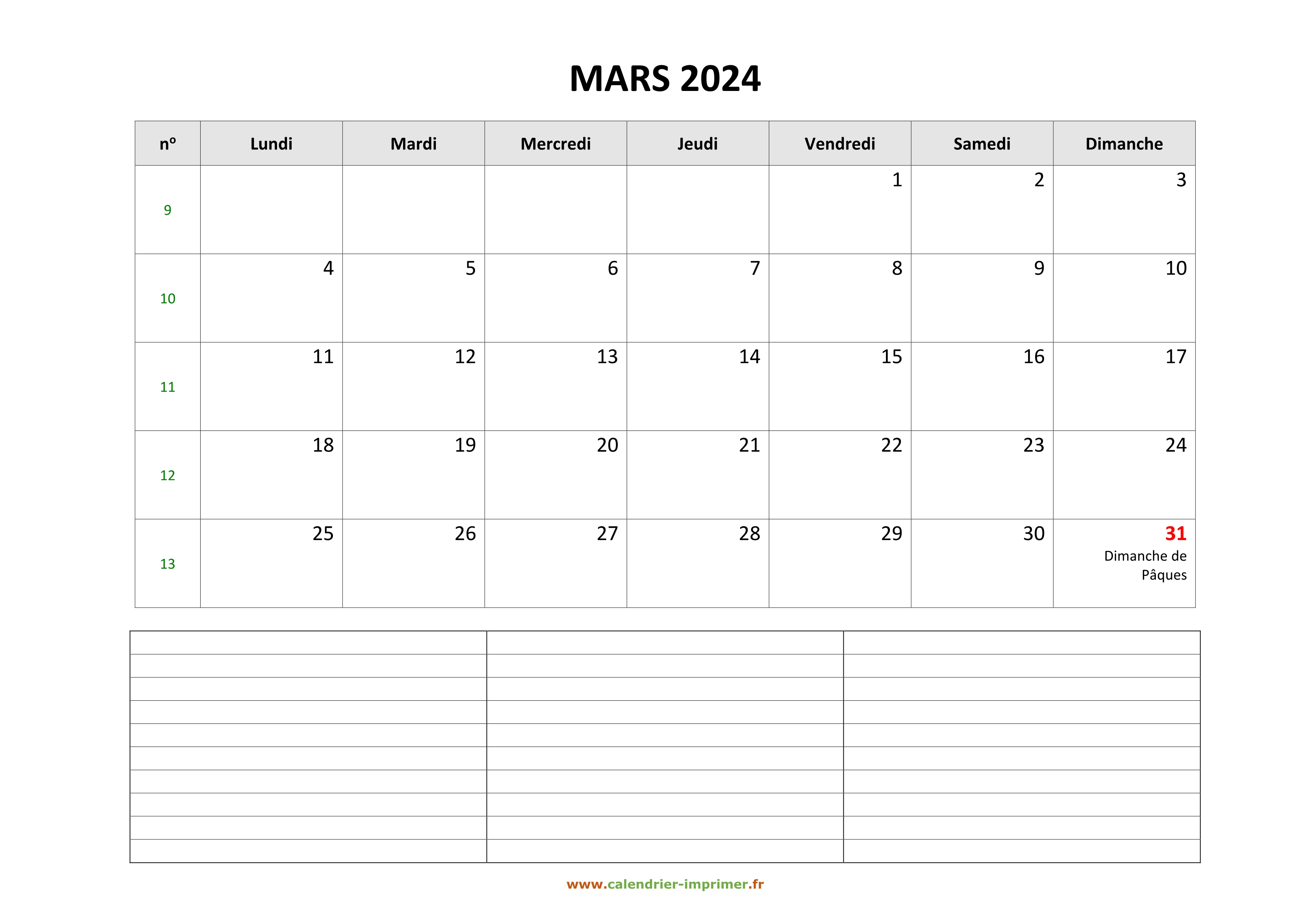 Calendrier Mars 2024 à imprimer