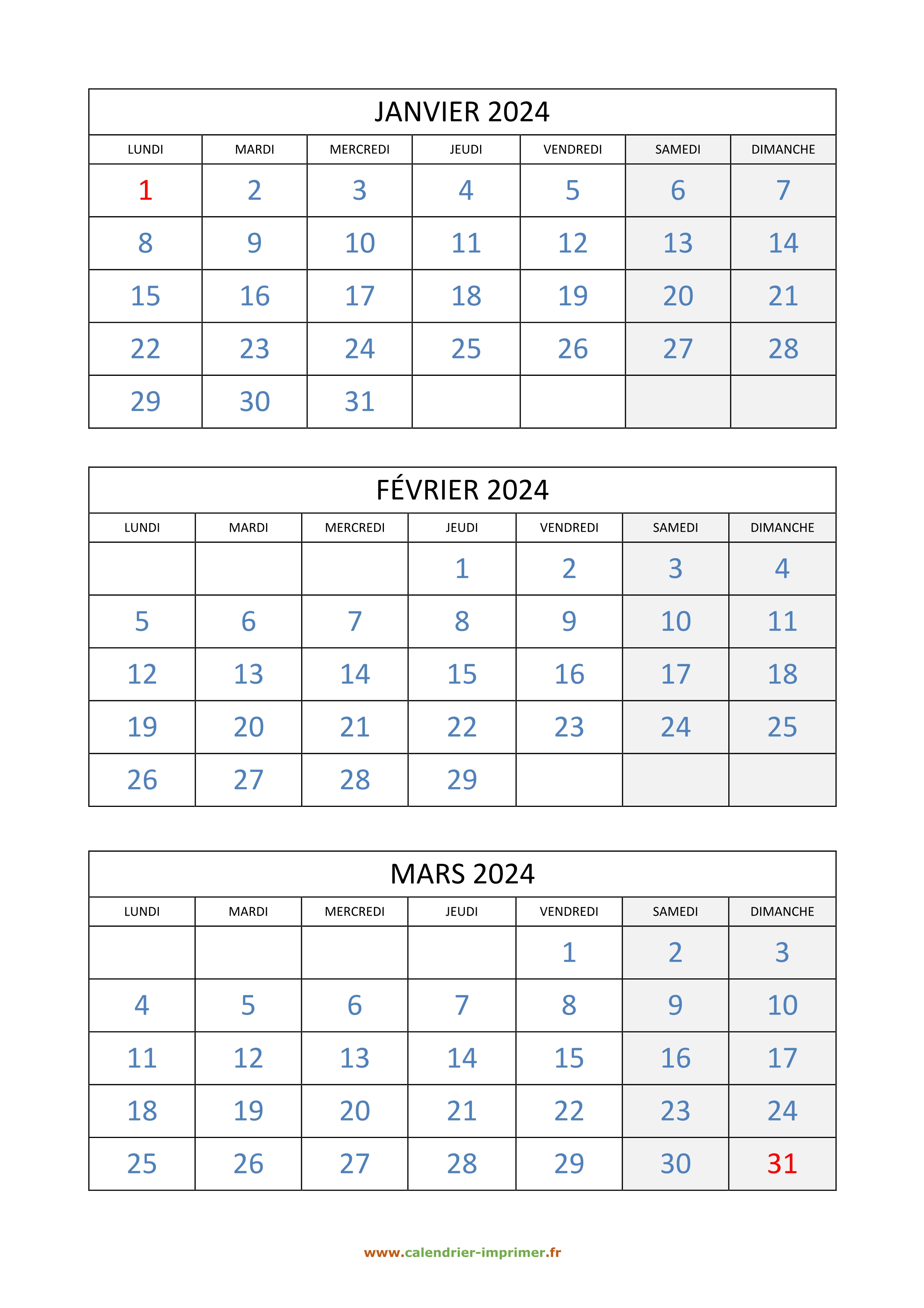 Calendrier 2024 à imprimer gratuit