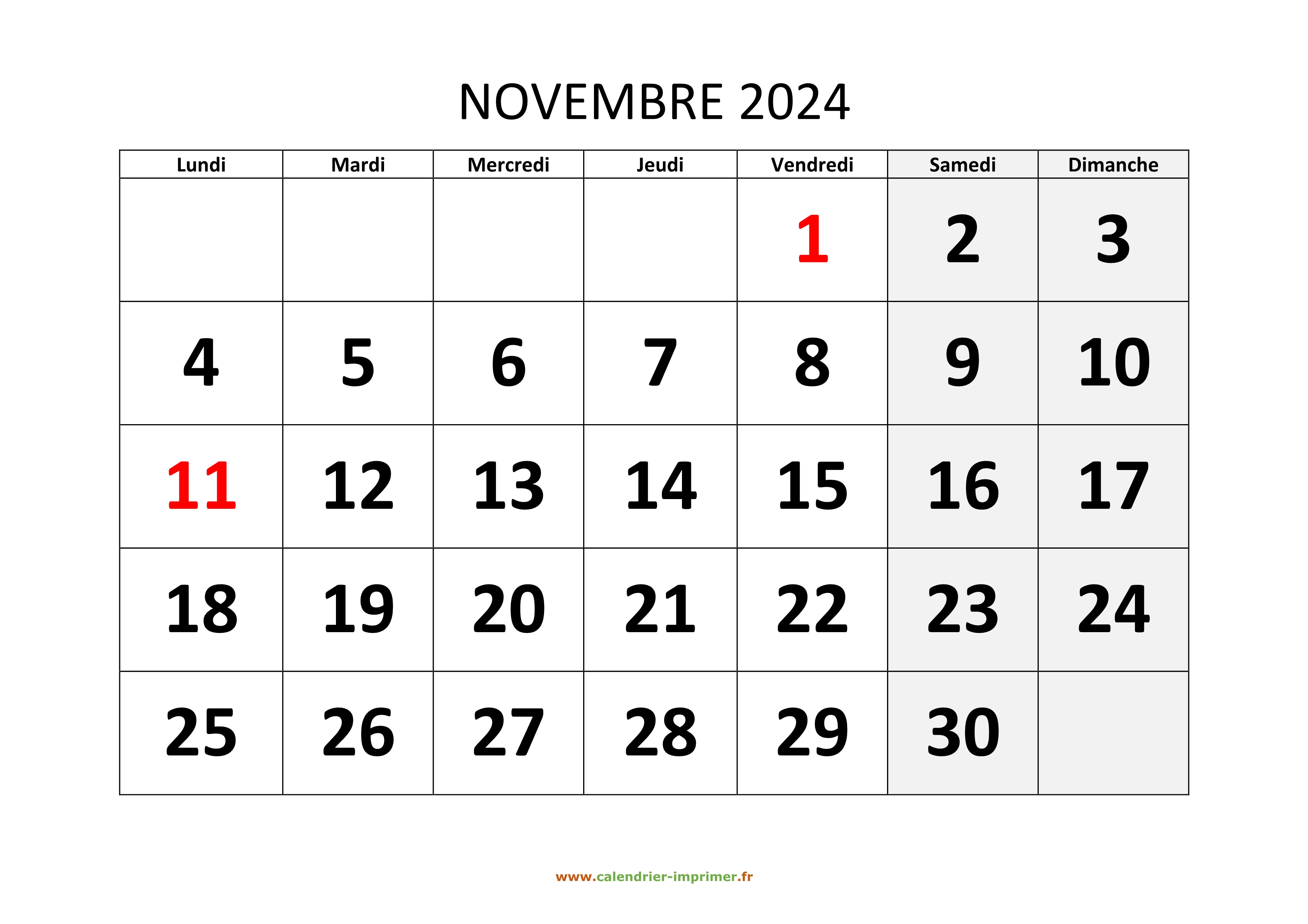 Calendrier Novembre 2024 à imprimer