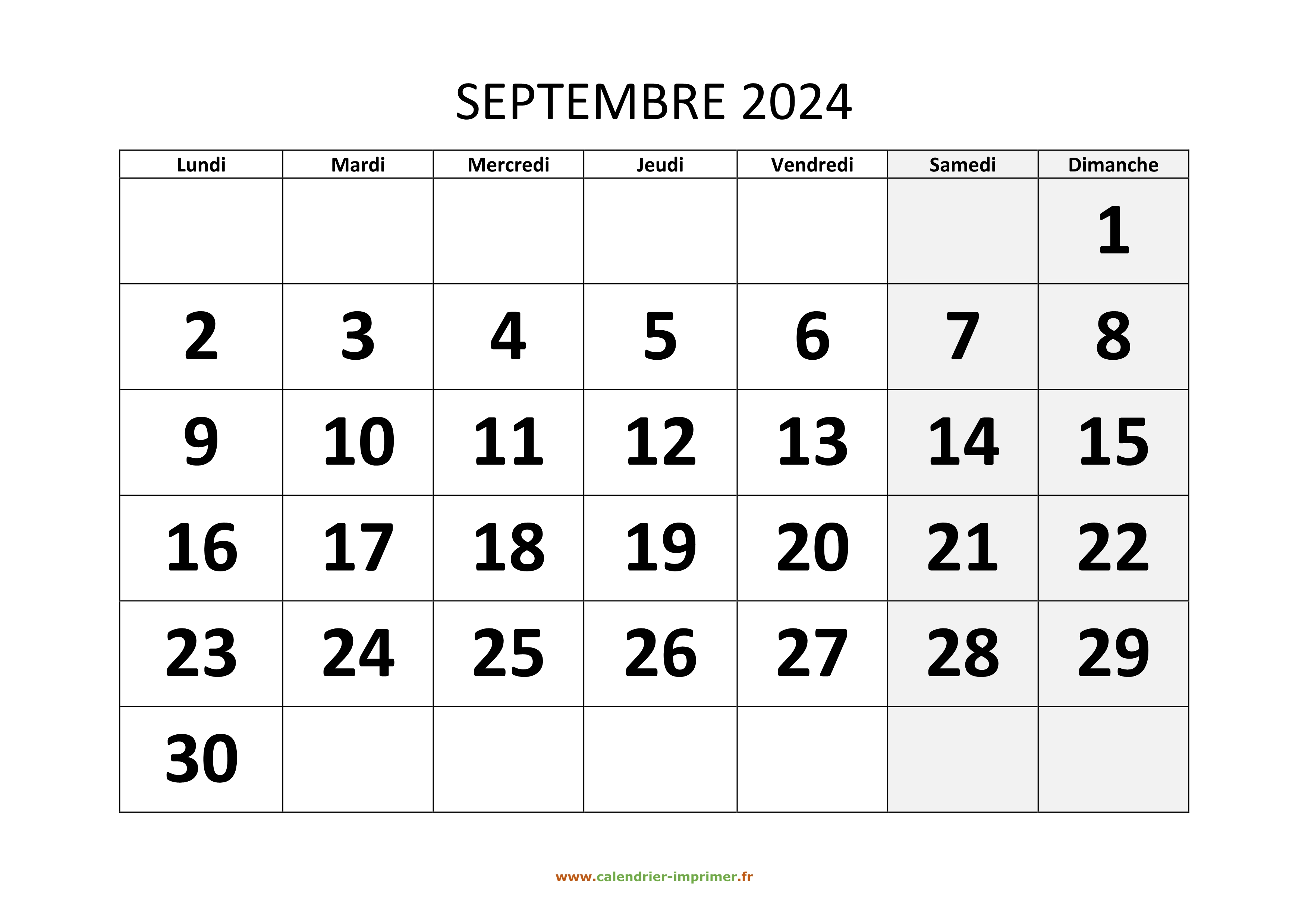 Calendrier Septembre 2024 à imprimer