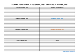 semaine 1 2025 dates et calendrier