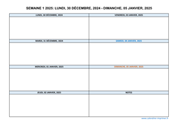 semaine 1 2025 dates et calendrier