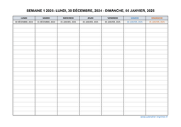 semaine 1 2025 dates et calendrier