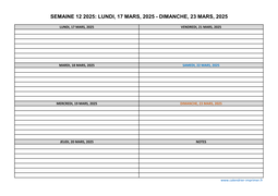 semaine 12 2025 dates et calendrier