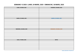 semaine 13 2025 dates et calendrier
