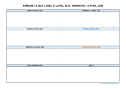 semaine 15 2025 dates et calendrier